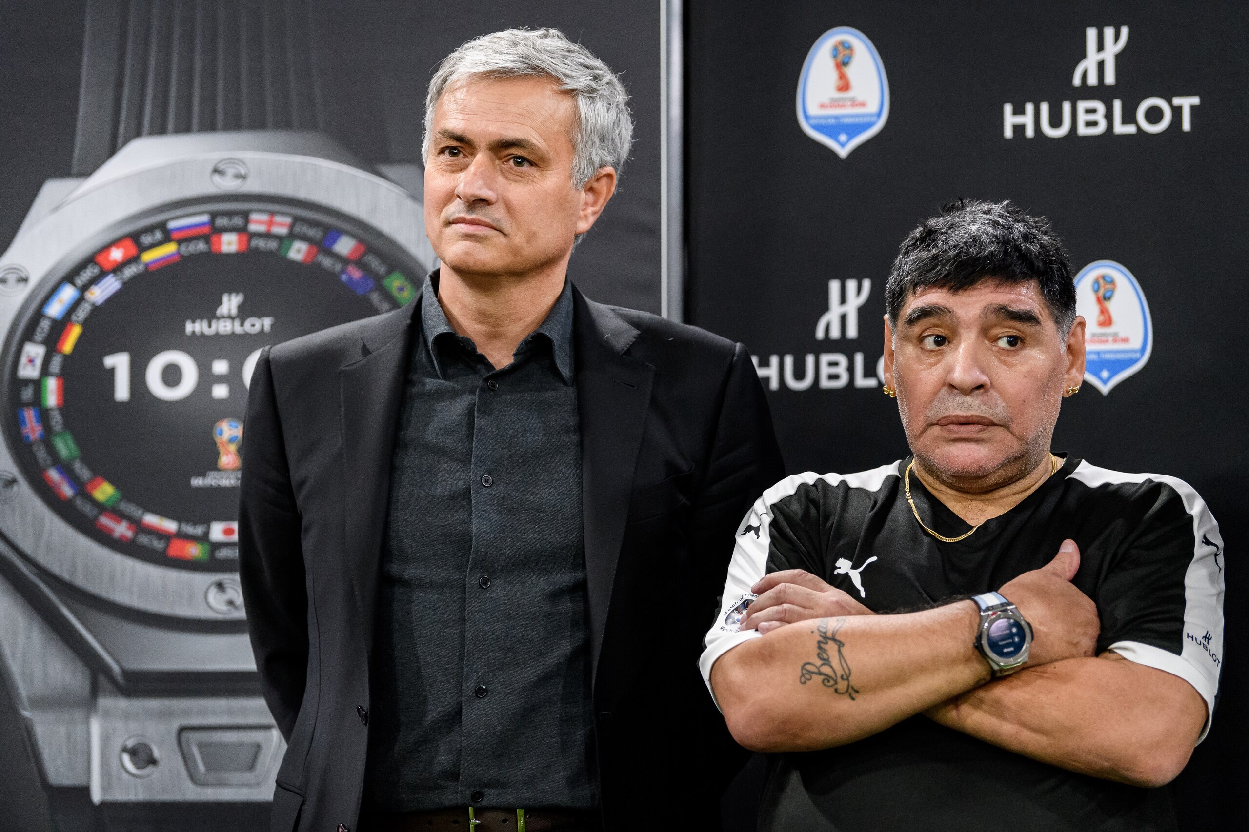 BASEL, SWITZERLAND - MARCH 21: Jose Mourinho and Diego Maradona attend the Match of Friendship by Hublot at Baselworld on March 21, 2018 in Basel, Switzerland. (Photo by Alexander Scheuber/Getty Images For Hublot) BASEL, SWITZERLAND - MARCH 21: Jose Mourinho and Diego Maradona attend the Match of Friendship by Hublot at Baselworld on March 21, 2018 in Basel, Switzerland. (Photo by Alexander Scheuber/Getty Images For Hublot)