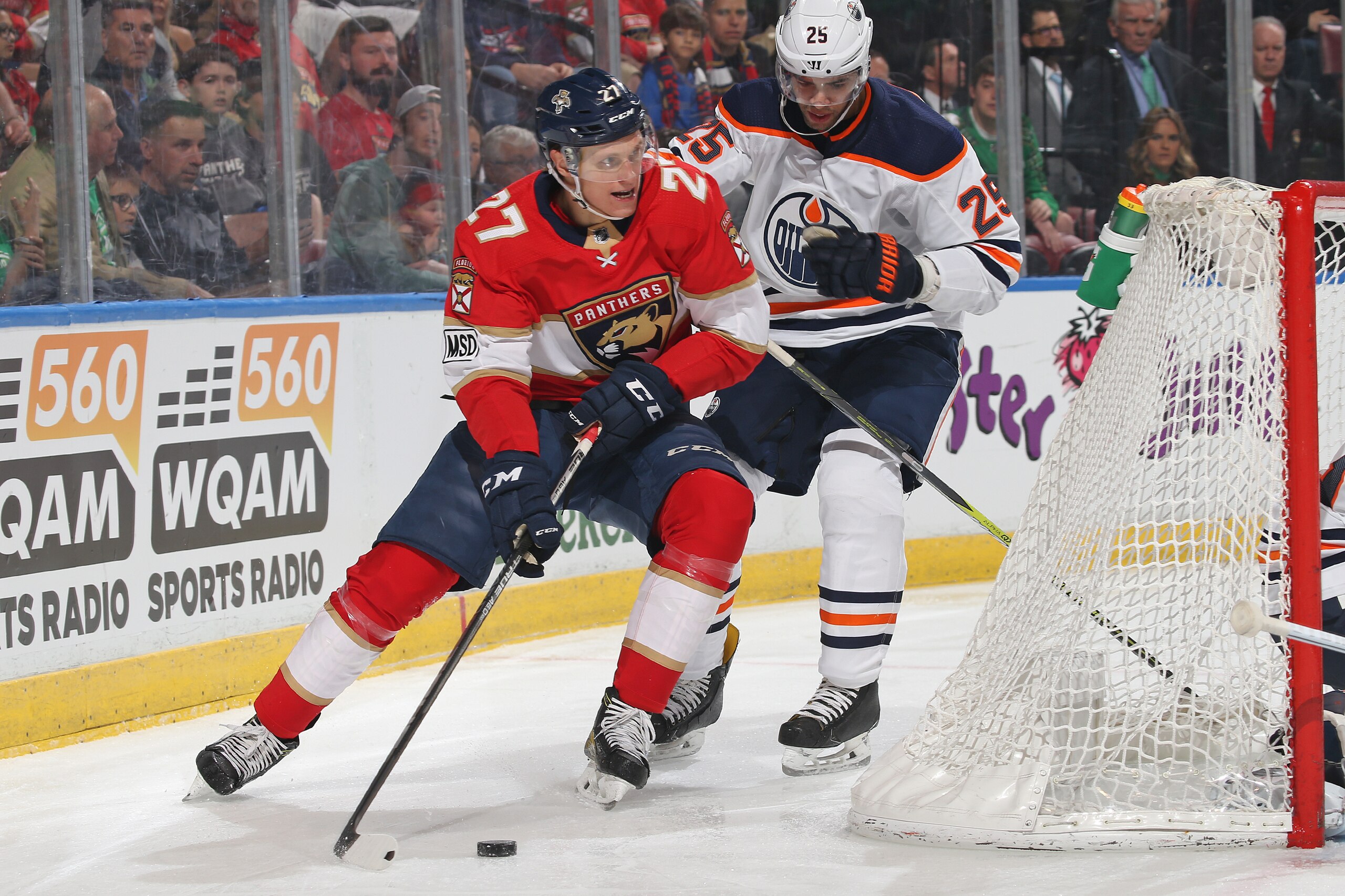 SUNRISE, FL - MARCH 17: Darnell Nurse #25 of the Edmonton Oilers defends against Nick Bjugstad #27 of the Florida Panthers during first period action at the BB&T Center on March 17, 2018 in Sunrise, Florida. (Photo by Joel Auerbach/Getty Images)