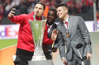 STOCKHOLM, SWEDEN - MAY 24: Zlatan Ibrahimovi of Manchester United takes a selfie with the trophy during the UEFA Europa League Final between Ajax and Manchester United  at Friends Arena on May 24, 2017 in Stockholm, Sweden.  (Photo by Nils Petter Nilsson