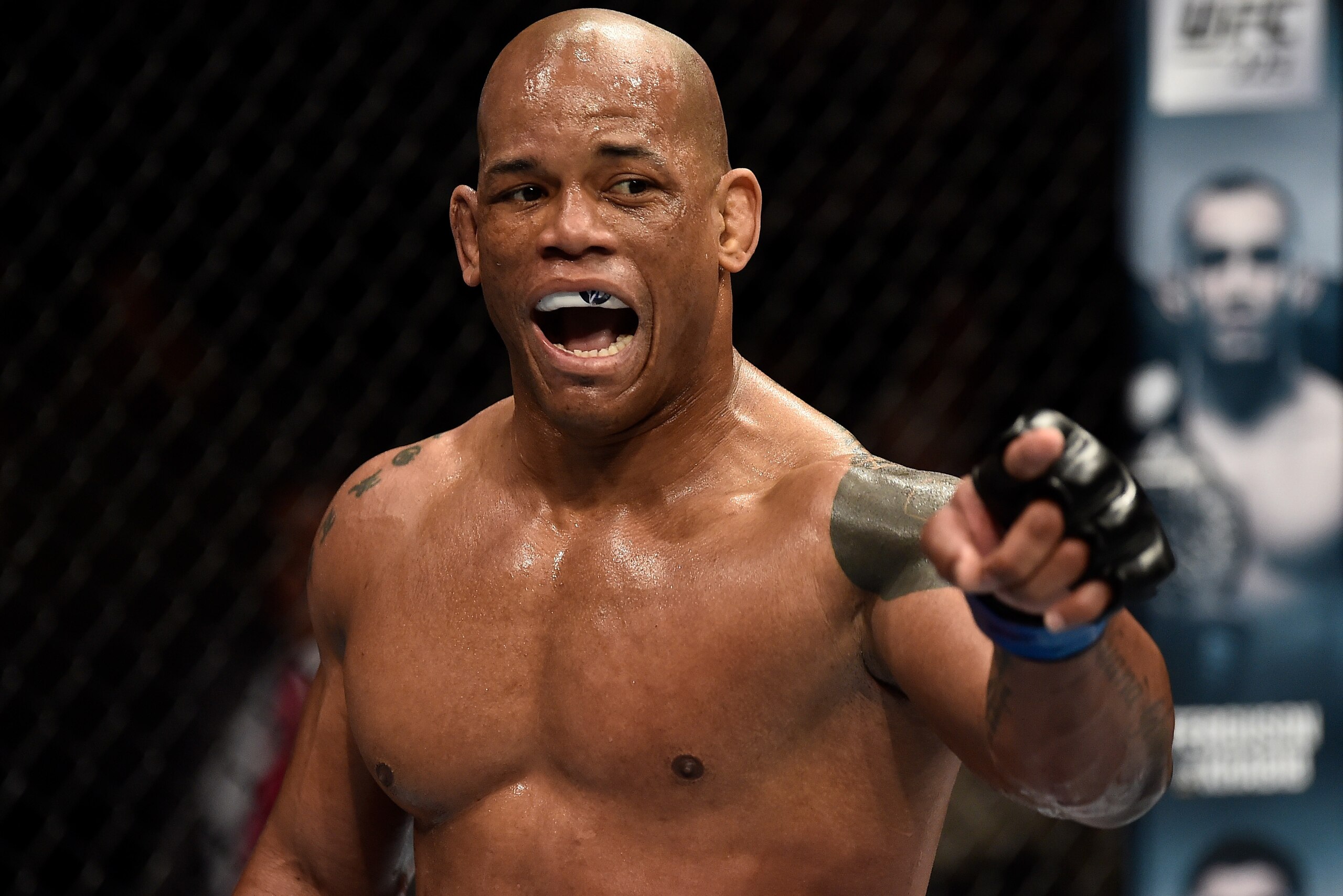LAS VEGAS, NV - MARCH 03:   Hector Lombard of Cuba reacts after landing an illegal punch at the end of round one against CB Dollaway in their middleweight bout during the UFC 222 event inside T-Mobile Arena on March 3, 2018 in Las Vegas, Nevada. (Photo by