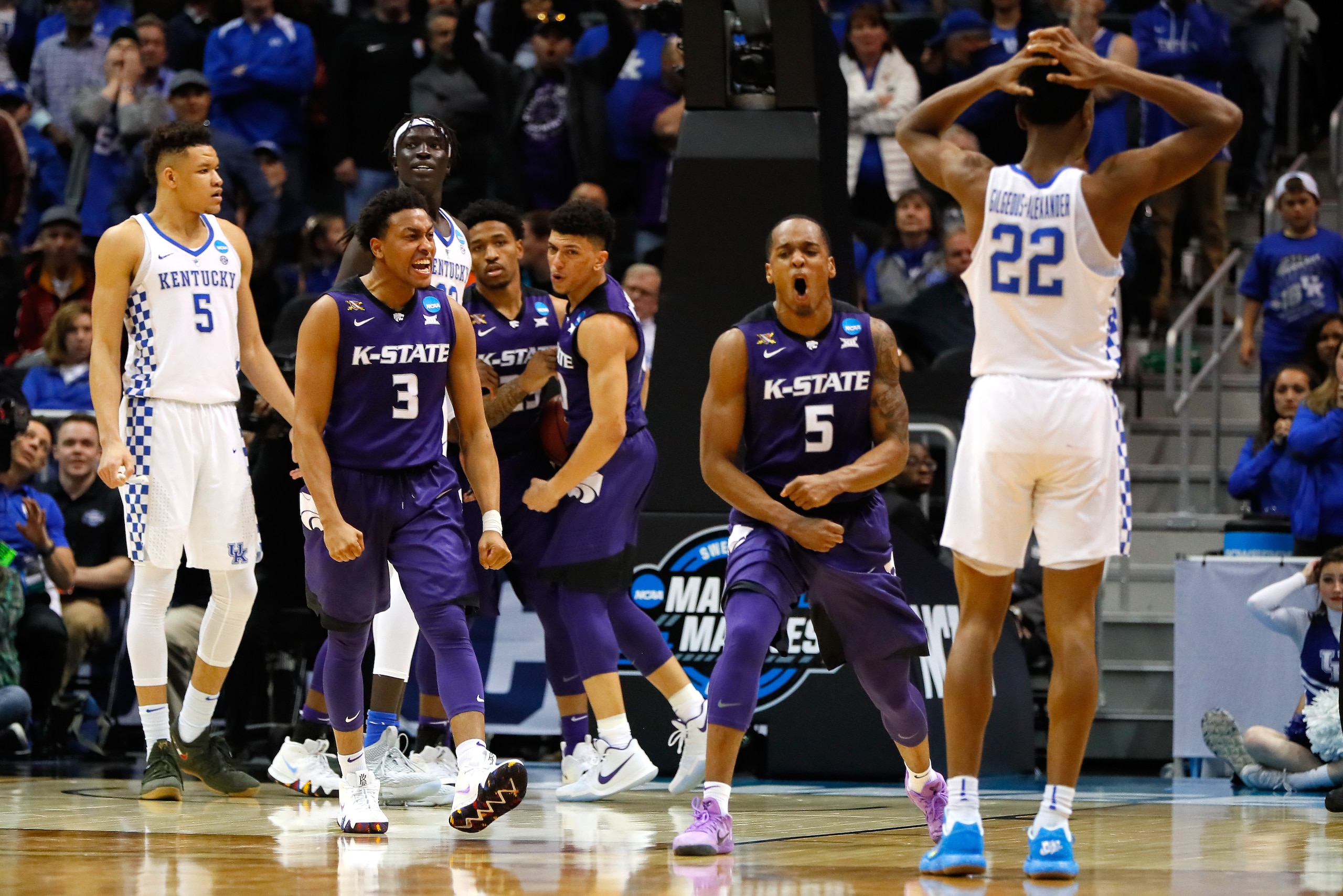 ATLANTA, GA - MARCH 22: Hamidou Diallo #3 of the Kentucky Wildcats reacts with teammates after a go-ahead basket late in the second half by Barry Brown #5 against the Kentucky Wildcats during the 2018 NCAA Men's Basketball Tournament South Regional at Phi