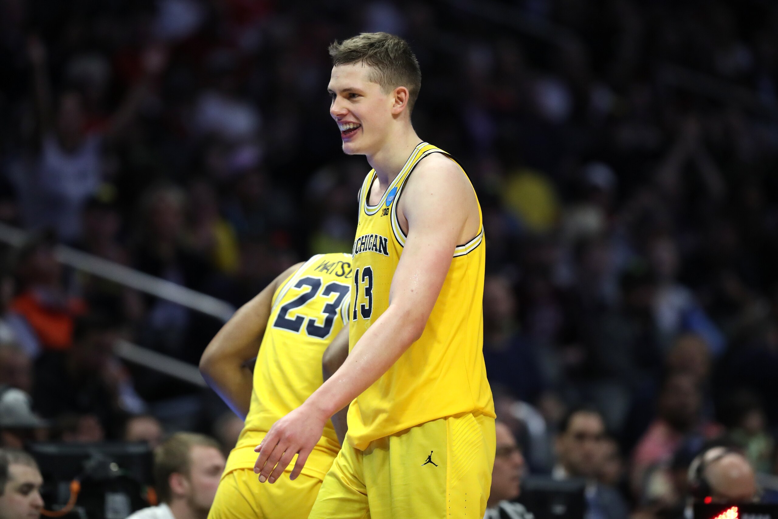 LOS ANGELES, CA - MARCH 22:  Moritz Wagner #13 of the Michigan Wolverines celebrates his teams lead against the Texas A&M Aggies during the second half in the 2018 NCAA Men's Basketball Tournament West Regional at Staples Center on March 22, 2018 in Los A