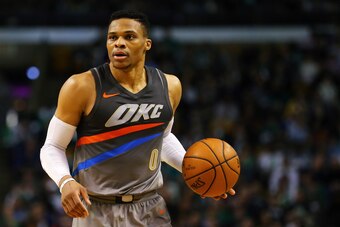 BOSTON, MA - MARCH 20:  Russell Westbrook #0 of the Oklahoma City Thunder dribbles the ball during a game against the Boston Celtics at TD Garden on March 20, 2018 in Boston, Massachusetts. NOTE TO USER: User expressly acknowledges and agrees that, by dow