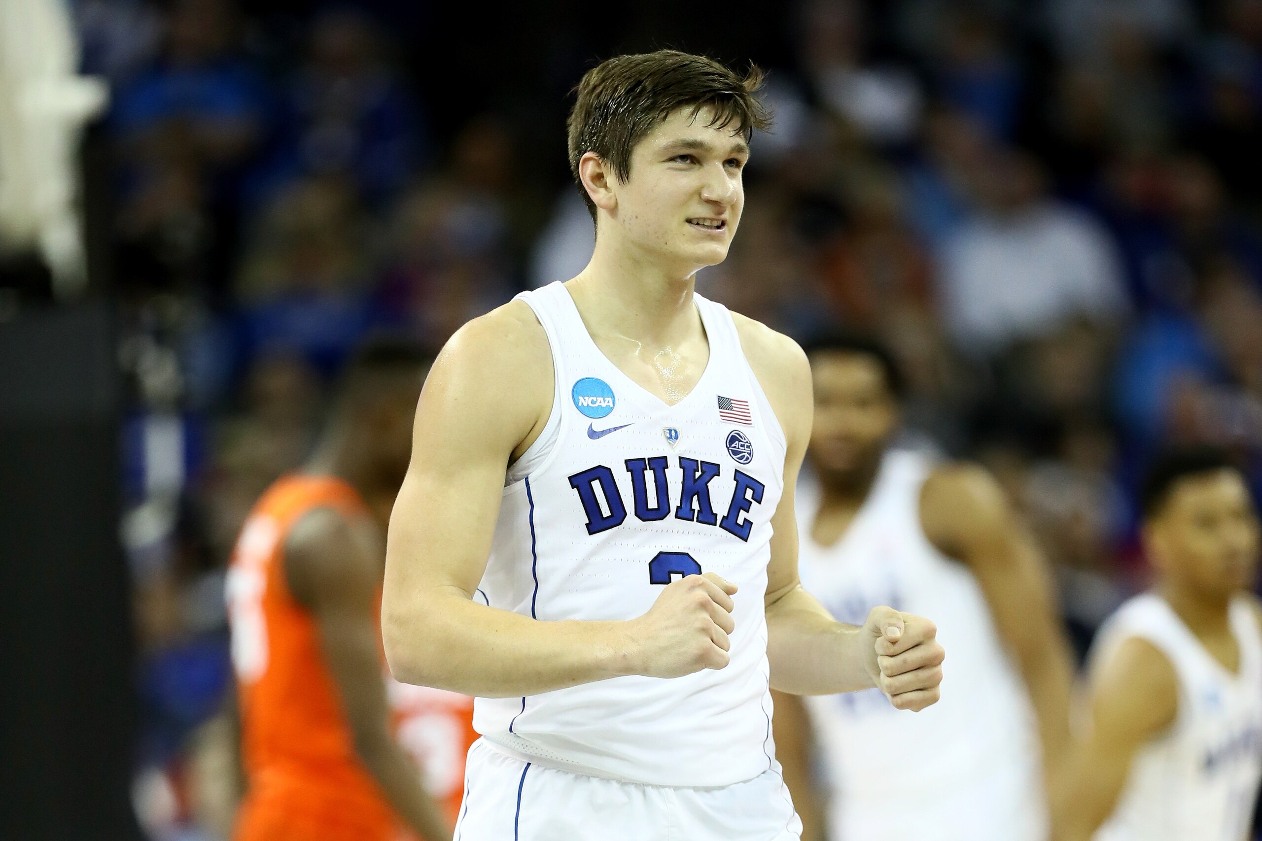 OMAHA, NE - MARCH 23:  Grayson Allen #3 of the Duke Blue Devils reacts against the Syracuse Orange during the first half in the 2018 NCAA Men's Basketball Tournament Midwest Regional at CenturyLink Center on March 23, 2018 in Omaha, Nebraska.  (Photo by J