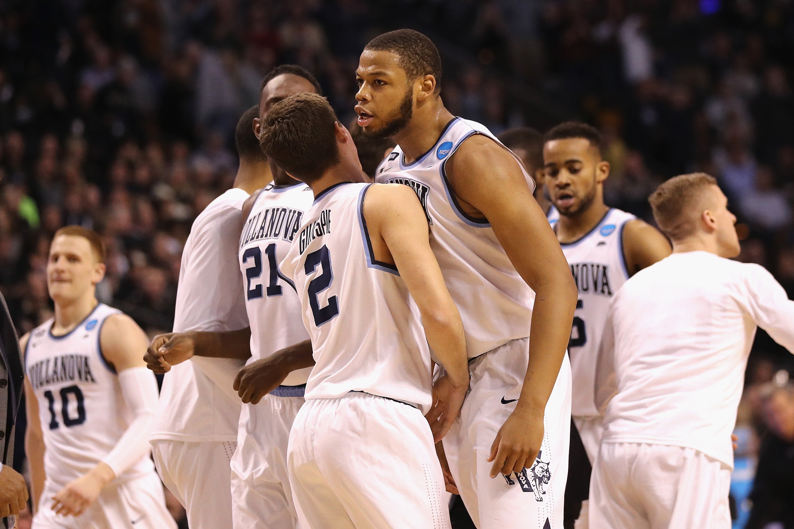 BOSTON, MA - MARCH 23:  Omari Spellman #14 of the Villanova Wildcats celebrates with Collin Gillespie #2 during the second half against the West Virginia Mountaineers in the 2018 NCAA Men's Basketball Tournament East Regional at TD Garden on March 23, 201