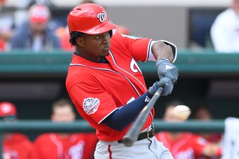 LAKELAND, FL - MARCH 12:  Victor Robles #16 of the Washington Nationals bats during the Spring Training game against the Detroit Tigers at Publix Field at Joker Marchant Stadium on March 12, 2018 in Lakeland, Florida. The Nationals defeated the Tigers 5-4