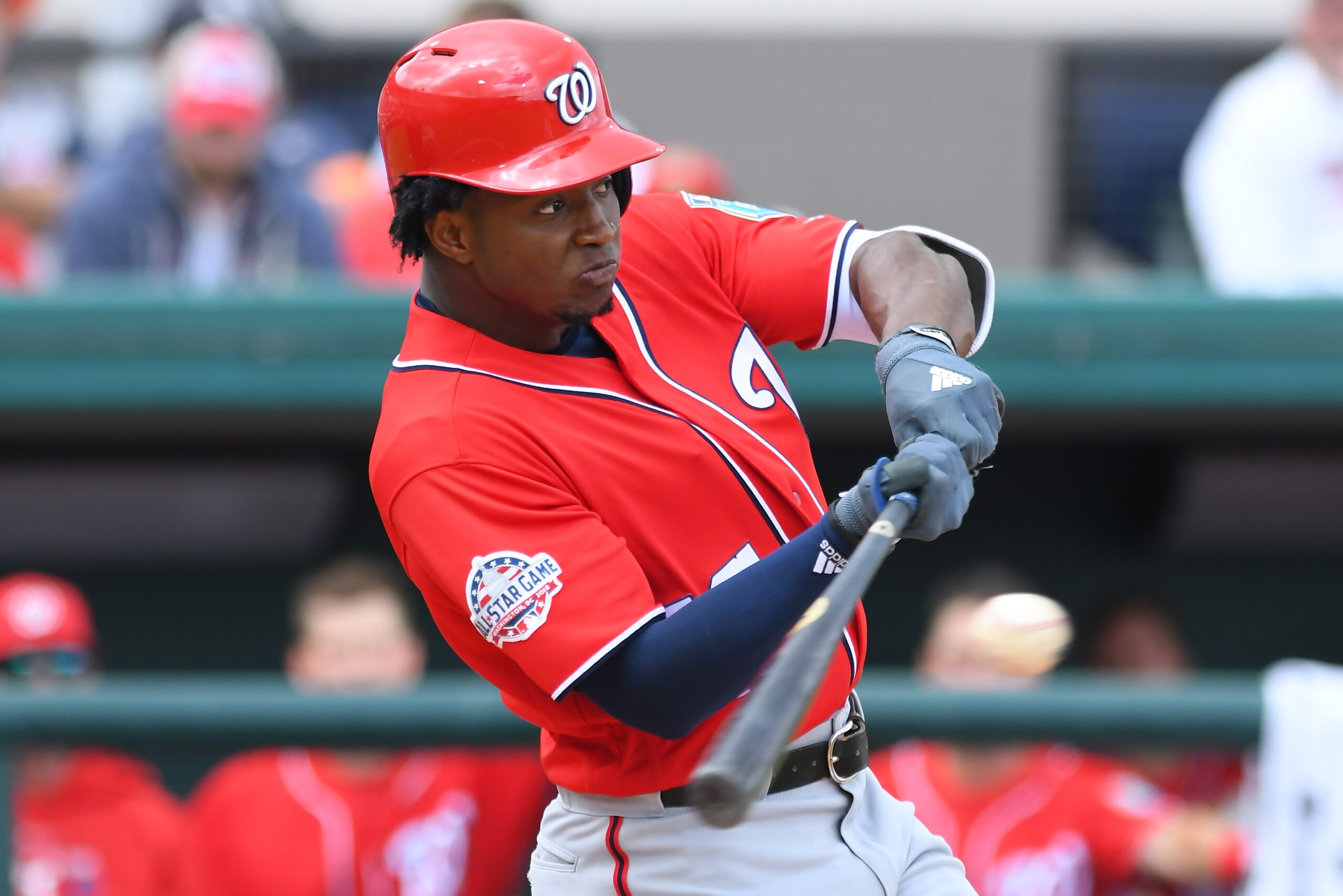 LAKELAND, FL - MARCH 12:  Victor Robles #16 of the Washington Nationals bats during the Spring Training game against the Detroit Tigers at Publix Field at Joker Marchant Stadium on March 12, 2018 in Lakeland, Florida. The Nationals defeated the Tigers 5-4