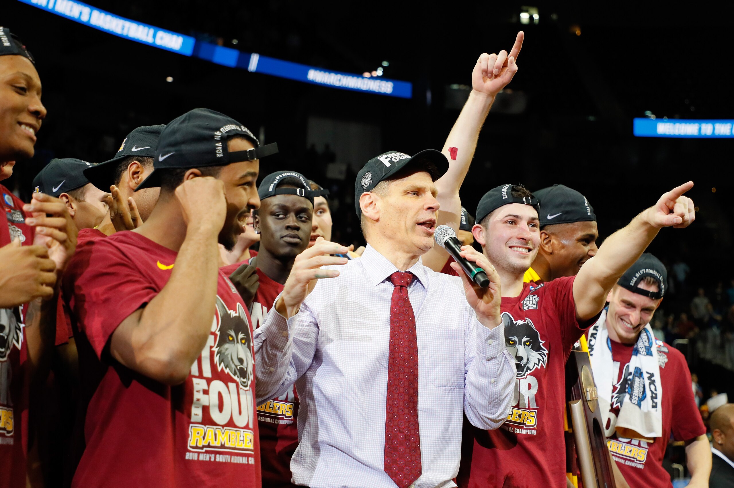 ATLANTA, GA - MARCH 24:  The Loyola Ramblers celebrate after defeating the Kansas State Wildcats during the 2018 NCAA Men's Basketball Tournament South Regional at Philips Arena on March 24, 2018 in Atlanta, Georgia. Loyola defeated Kansas State 78-62 to 