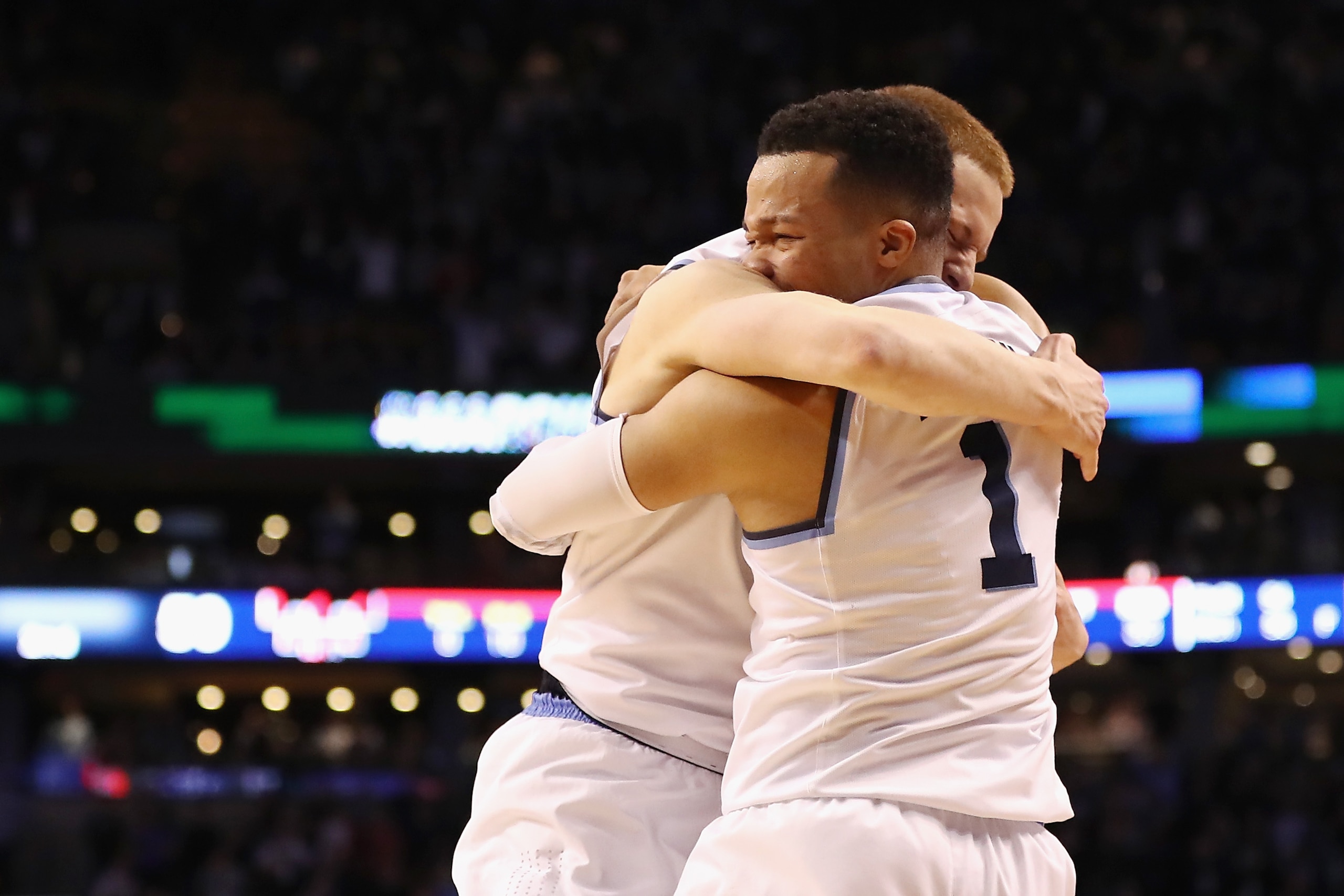 BOSTON, MA - MARCH 25:  Jalen Brunson #1 of the Villanova Wildcats celebrates with Donte DiVincenzo #10 after defeating the Texas Tech Red Raiders 71-59 in the 2018 NCAA Men's Basketball Tournament East Regional to advance to the 2018 Final Four at TD Gar