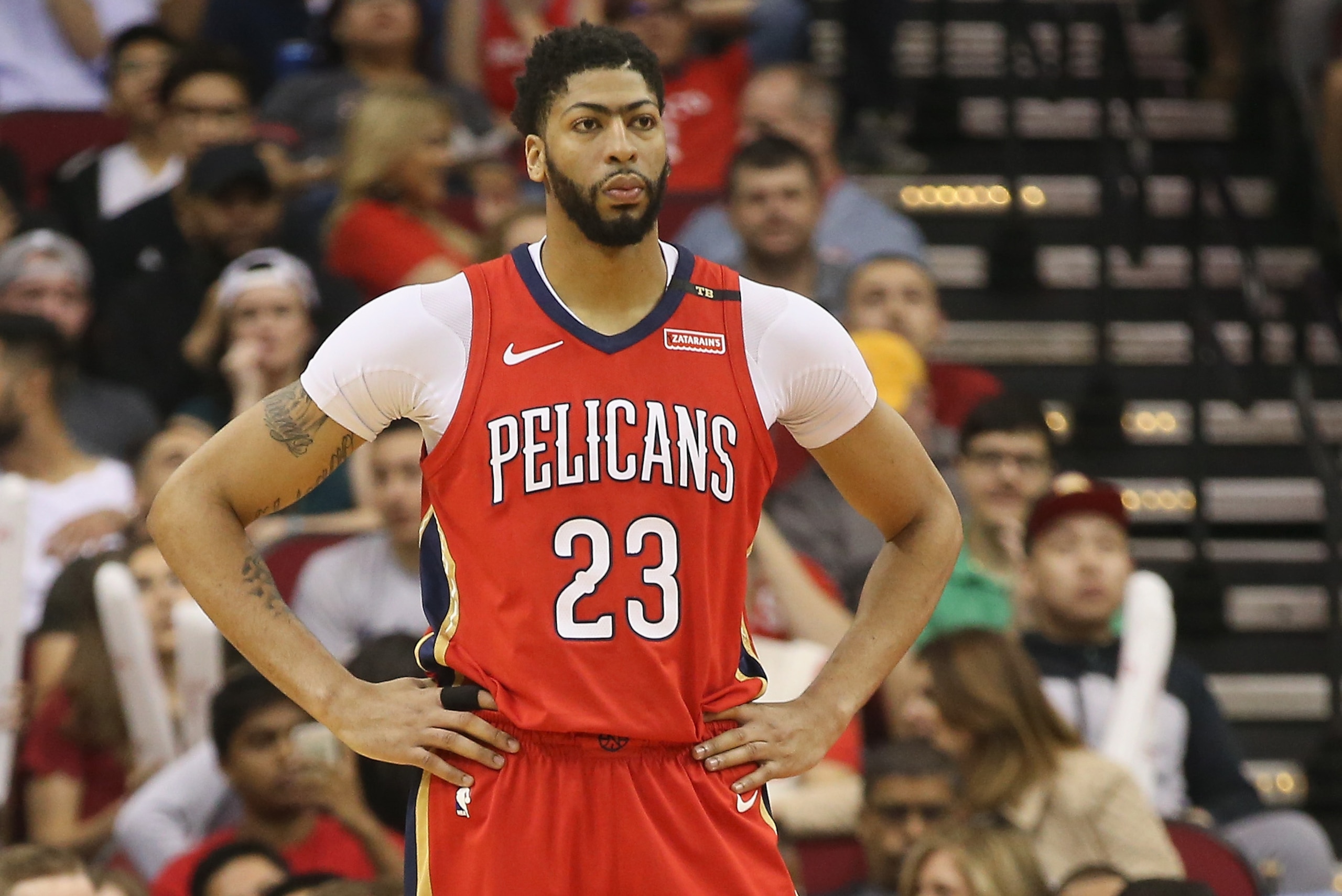 HOUSTON, TX - MARCH 24:  Anthony Davis #23 of the New Orleans Pelicans waits for play to resume against the Houston Rockets at Toyota Center on March 24, 2018 in Houston, Texas. NOTE TO USER: User expressly acknowledges and agrees that, by downloading and