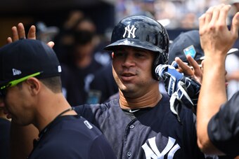 TAMPA, FL - MARCH 18: Gary Sanchez #24 of the New York Yankees in action during the spring training game between the New York Yankees and the Miami Marlins at George M. Steinbrenner Field on March 18, 2018 in Tampa, Florida. (Photo by B51/Mark Brown/Getty