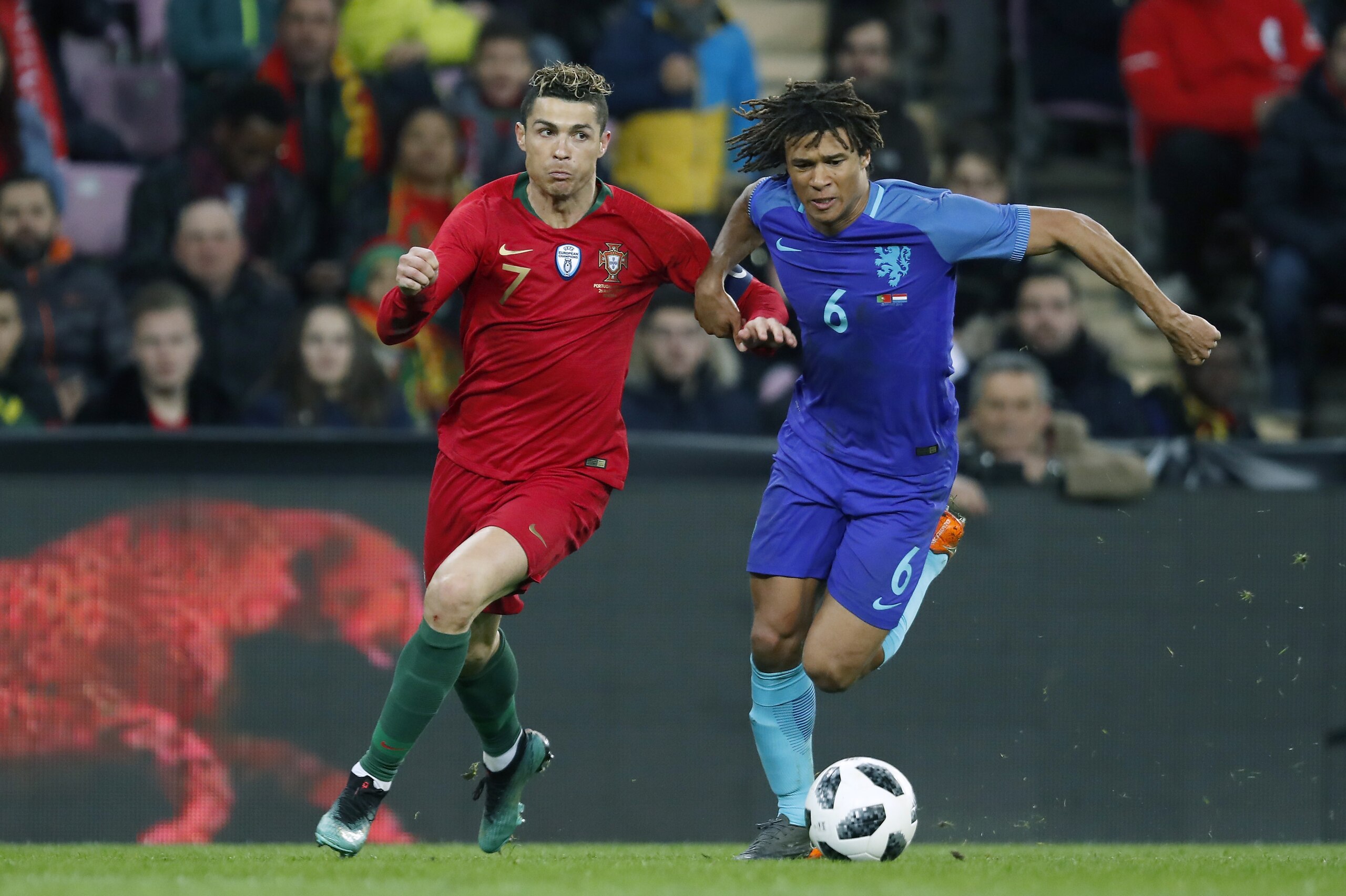 (L-R) Cristiano Ronaldo of Portugal, Nathan Ake of Holland during the International friendly match match between Portugal and The Netherlands at Stade de Genève on March 26, 2018 in Geneva, Switzerland(Photo by VI Images via Getty Images)