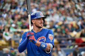 LAS VEGAS, NV - MARCH 17:  Kris Bryant #17 of the Chicago Cubs warms up before batting against the Cleveland Indians during an exhibition game at Cashman Field on March 17, 2018 in Las Vegas, Nevada.  (Photo by David J. Becker/Getty Images)