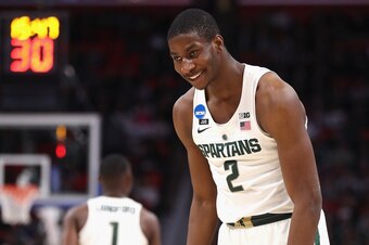 DETROIT, MI - MARCH 16:  Jaren Jackson Jr. #2 of the Michigan State Spartans reacts during the first half against the Bucknell Bison in the first round of the 2018 NCAA Men's Basketball Tournament at Little Caesars Arena on March 16, 2018 in Detroit, Mich