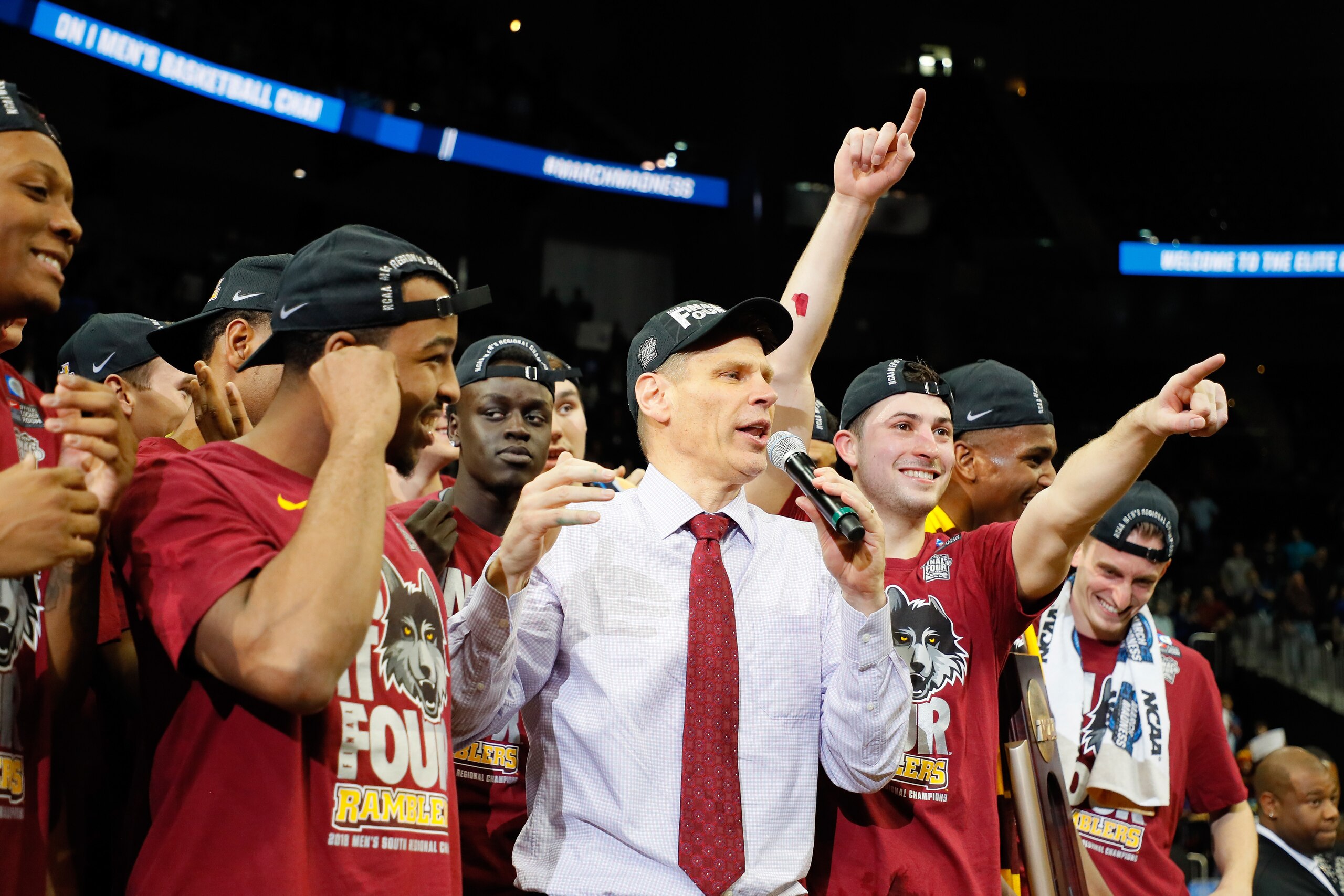 ATLANTA, GA - MARCH 24:  The Loyola Ramblers celebrate after defeating the Kansas State Wildcats during the 2018 NCAA Men's Basketball Tournament South Regional at Philips Arena on March 24, 2018 in Atlanta, Georgia. Loyola defeated Kansas State 78-62 to 