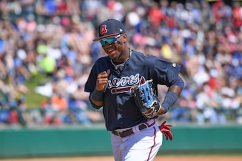 LAKE BUENA VISTA, FL - MARCH 13:  Ronald Acuna #82 of the Atlanta Braves head to the dugout in the fourth inning during the spring training game between the Atlanta Braves and the Toronto Blue Jays at Champion Stadium on March 13, 2018 in Lake Buena Vista