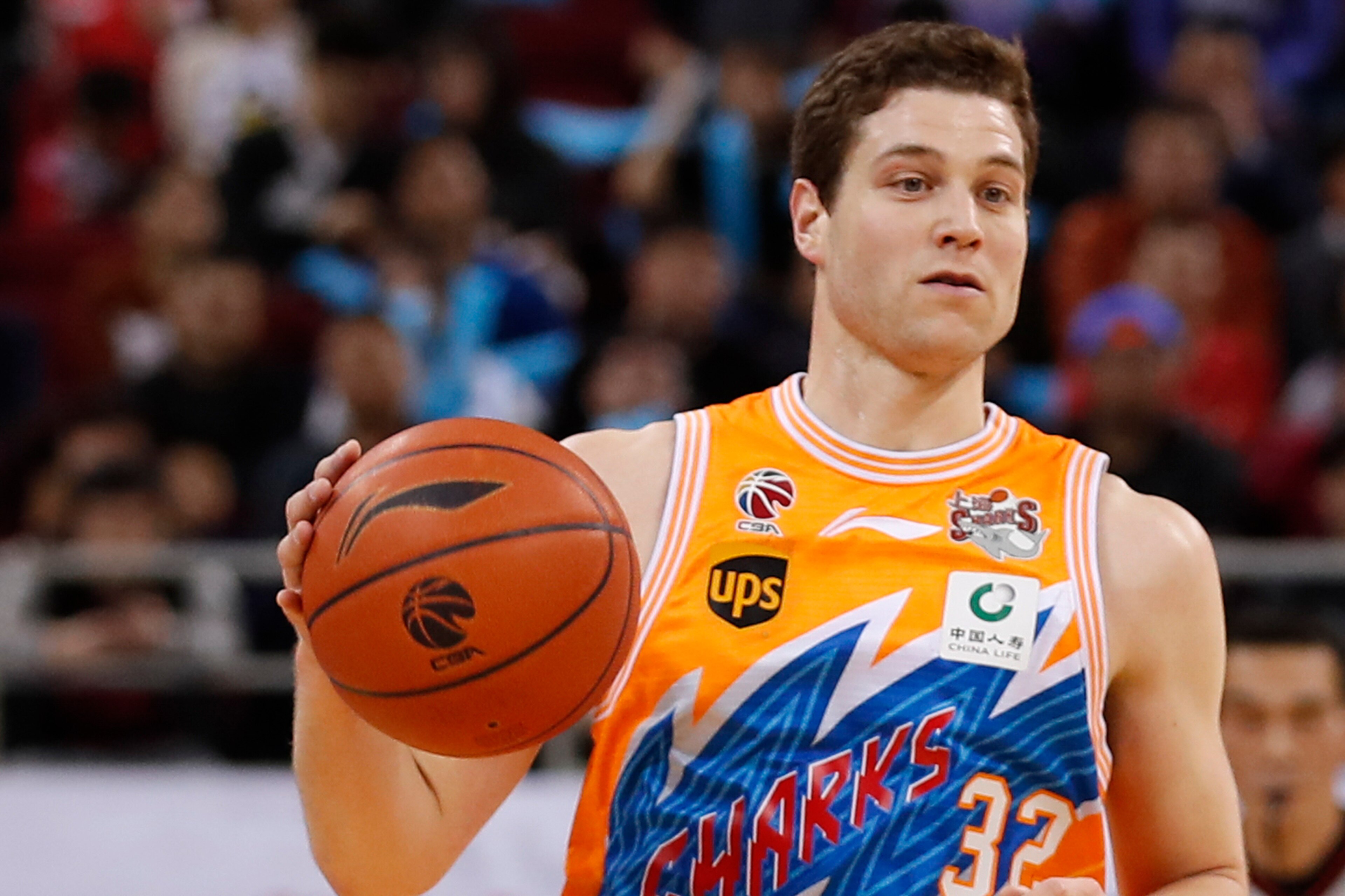 BEIJING,  CHINA - MARCH 04:  Jimmer Fredette #32 of Shanghai Bilibili in action during the 2017/2018 CBA League match between Beijing Ducks and Shanghai Bilibili at Cadillac Arena on March 4,  2018 in Beijing,  China.  (Photo by XIN LI/Getty Images)
