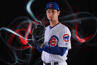 MESA, AZ - FEBRUARY 20:  Yu Darvish #11 of the Chicago Cubs from Japan poses during Chicago Cubs Photo Day on February 20, 2018 in Mesa, Arizona.  (Photo by Gregory Shamus/Getty Images)