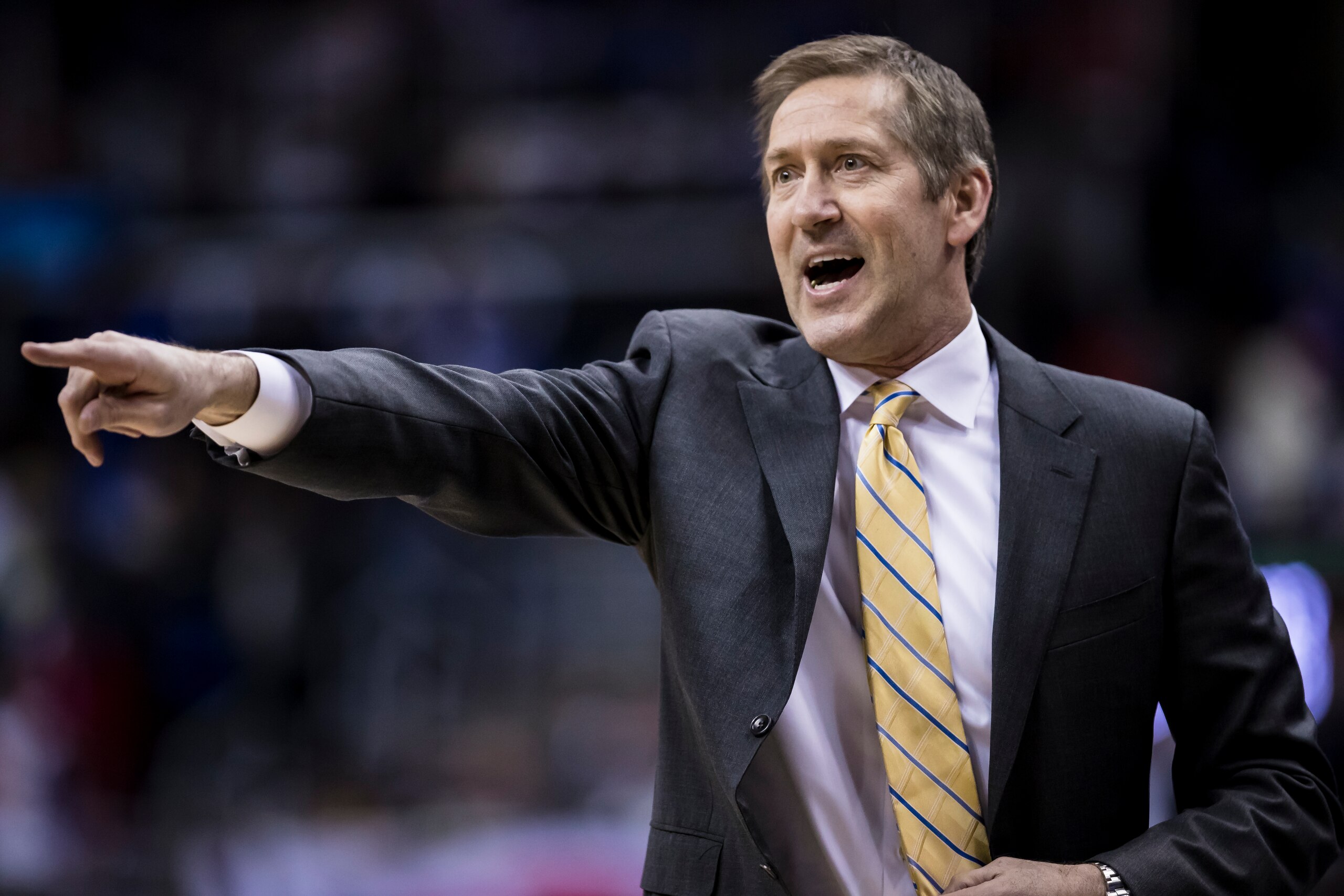 WASHINGTON, DC - MARCH 25: Head coach Jeff Hornacek of the New York Knicks reacts against the Washington Wizards during the second half at Capital One Arena on March 25, 2018 in Washington, DC. NOTE TO USER: User expressly acknowledges and agrees that, by