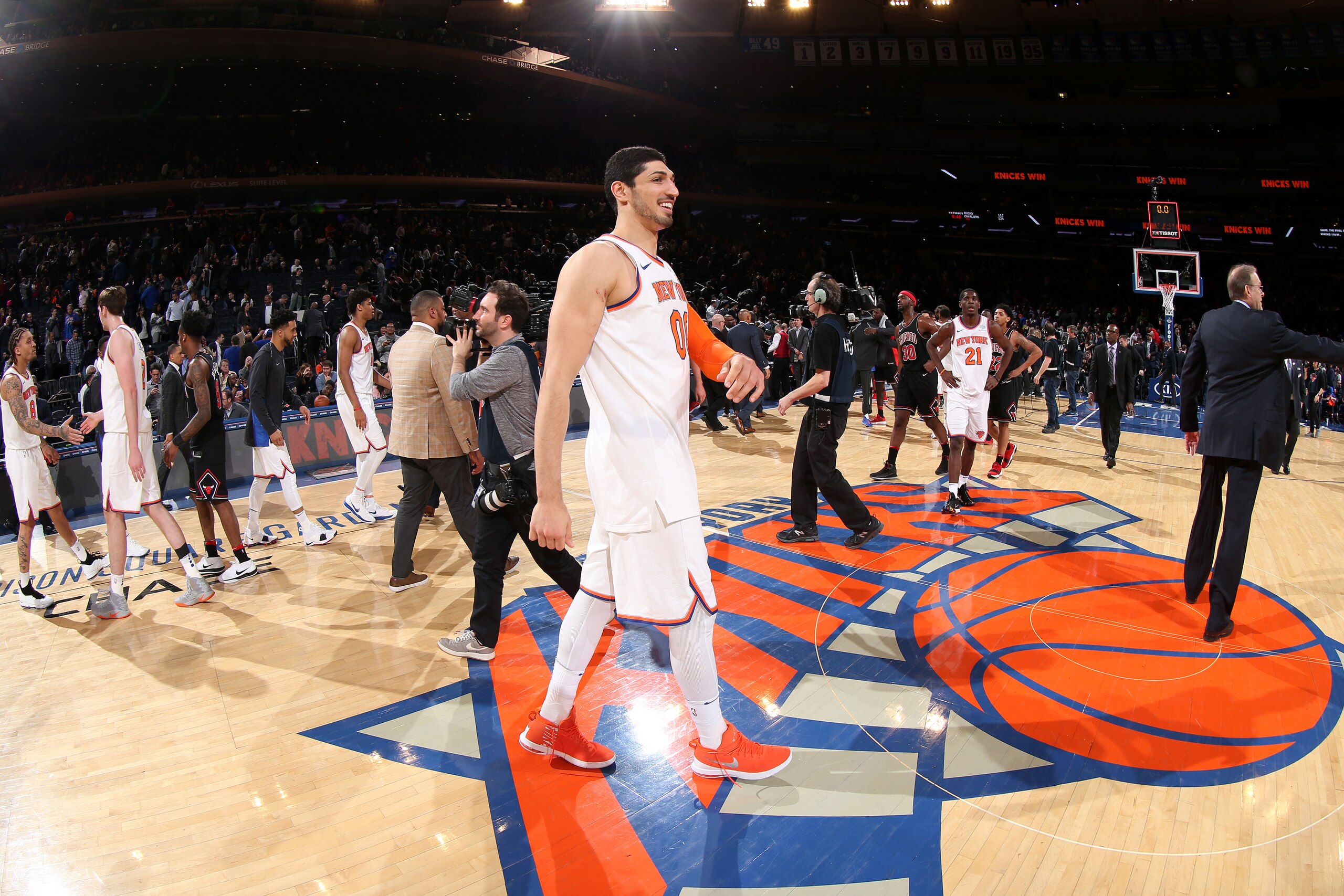NEW YORK, NY - MARCH 19: Enes Kanter #00 of the New York Knicks after the game against the Chicago Bulls on March 19, 2018 at Madison Square Garden in New York City, New York. NOTE TO USER: User expressly acknowledges and agrees that, by downloading and/o