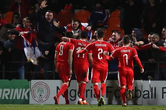 BARNET, ENGLAND - MARCH 27:  Aleksandar Mitrovic (no.9) of Serbia celebrates his second goal during the International Friendly match between Nigeria and Serbia at The Hive on March 27, 2018 in Barnet, England.  (Photo by Matthew Lewis/Getty Images)