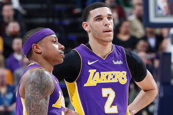 INDIANAPOLIS, IN - MARCH 19: Isaiah Thomas #3 and Lonzo Ball #2 of the Los Angeles Lakers look on against the Indiana Pacers in the first half of a game at Bankers Life Fieldhouse on March 19, 2018 in Indianapolis, Indiana. NOTE TO USER: User expressly ac