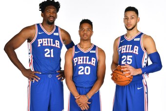 PHILADELPHIA, PA - SEPTEMBER 25: Ben Simmons #25 Joel Embiid #21 and Markelle Fultz #20 pose for a portrait during 2017-18 NBA Media Day on September 25, 2017 at Wells Fargo Center in Philadelphia, Pennsylvania. NOTE TO USER: User expressly acknowledges a