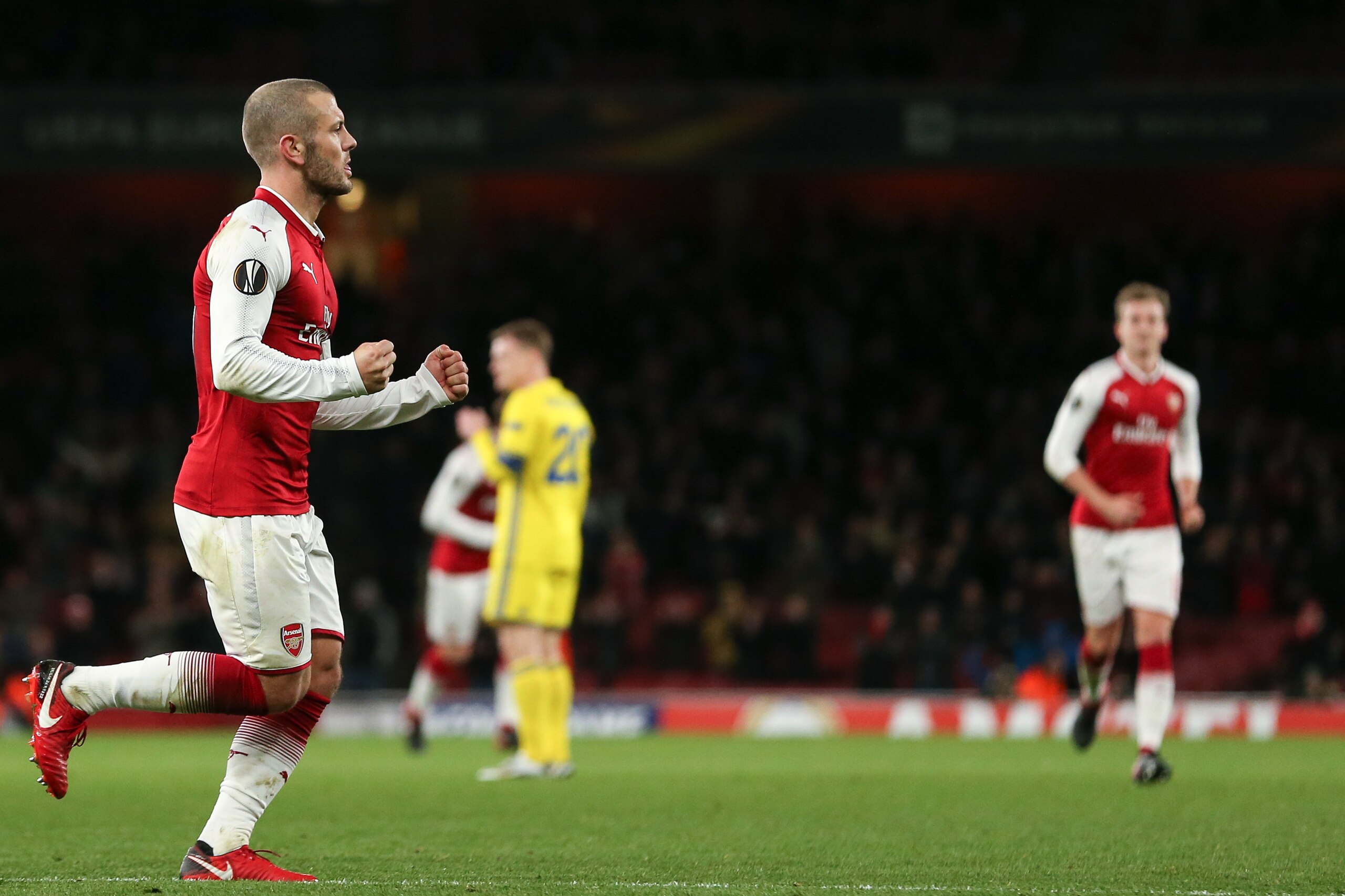 LONDON, ENGLAND - DECEMBER 07: Jack Wilshere of Arsenal celebrates after scoring a goal to make it 3-0 during the UEFA Europa League group H match between Arsenal FC and BATE Borisov at Emirates Stadium on December 7, 2017 in London, United Kingdom. (Phot