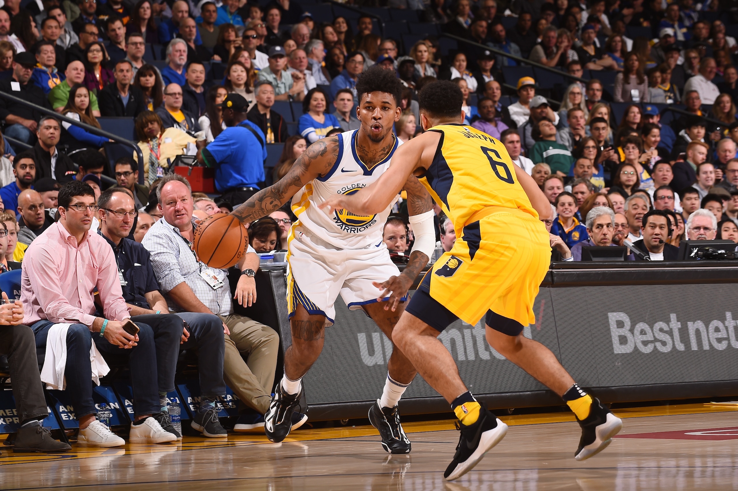 OAKLAND, CA - MARCH 27: Nick Young #6 of the Golden State Warriors handles the ball against the Indiana Pacers on March 27, 2018 at ORACLE Arena in Oakland, California. NOTE TO USER: User expressly acknowledges and agrees that, by downloading and or using