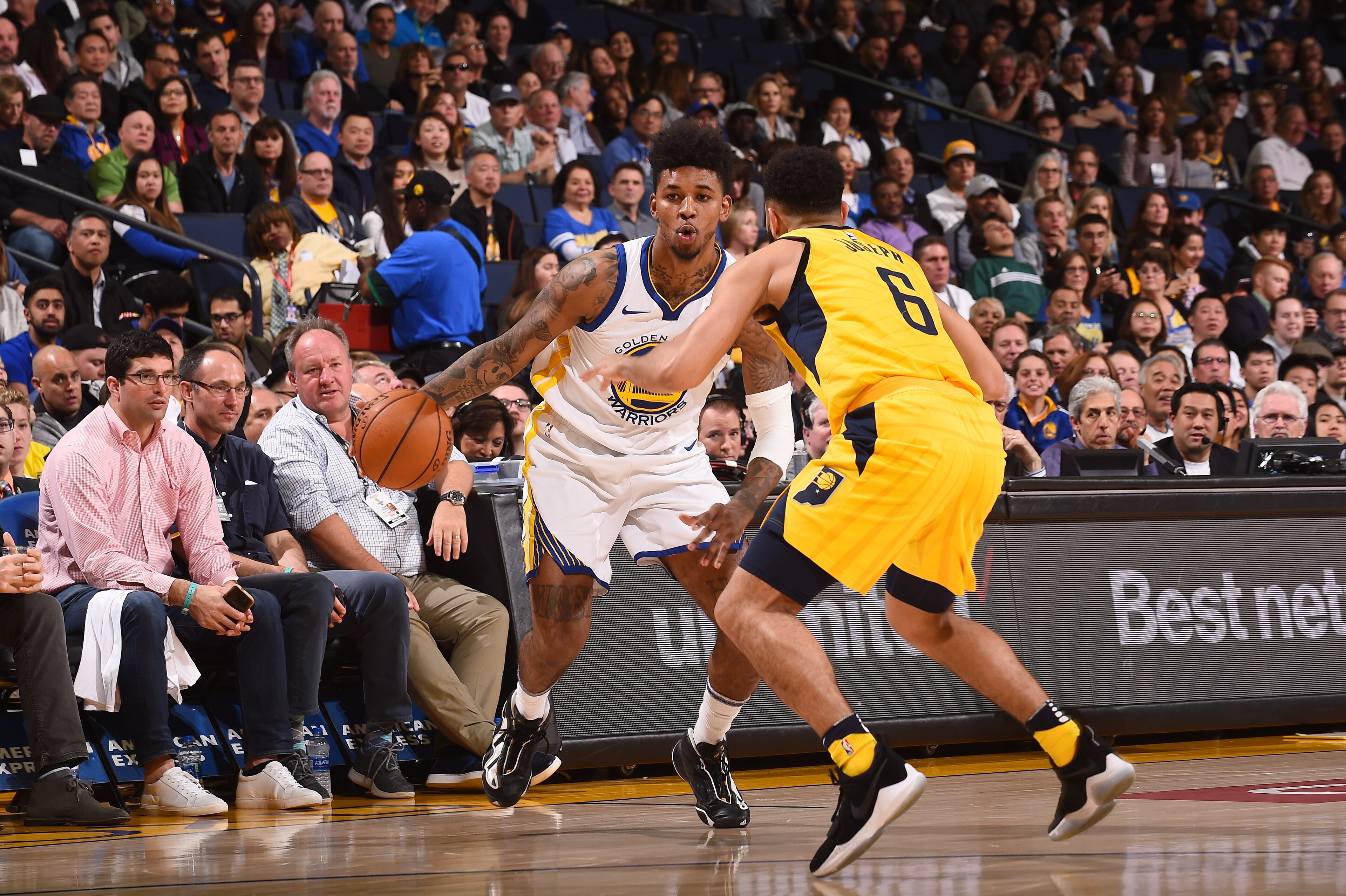 OAKLAND, CA - MARCH 27: Nick Young #6 of the Golden State Warriors handles the ball against the Indiana Pacers on March 27, 2018 at ORACLE Arena in Oakland, California. NOTE TO USER: User expressly acknowledges and agrees that, by downloading and or using