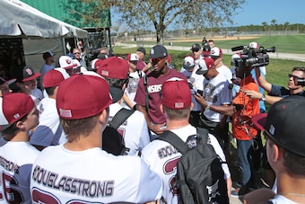 Lewis Brinson of the Marlins speaks to Stoneman Douglas team.