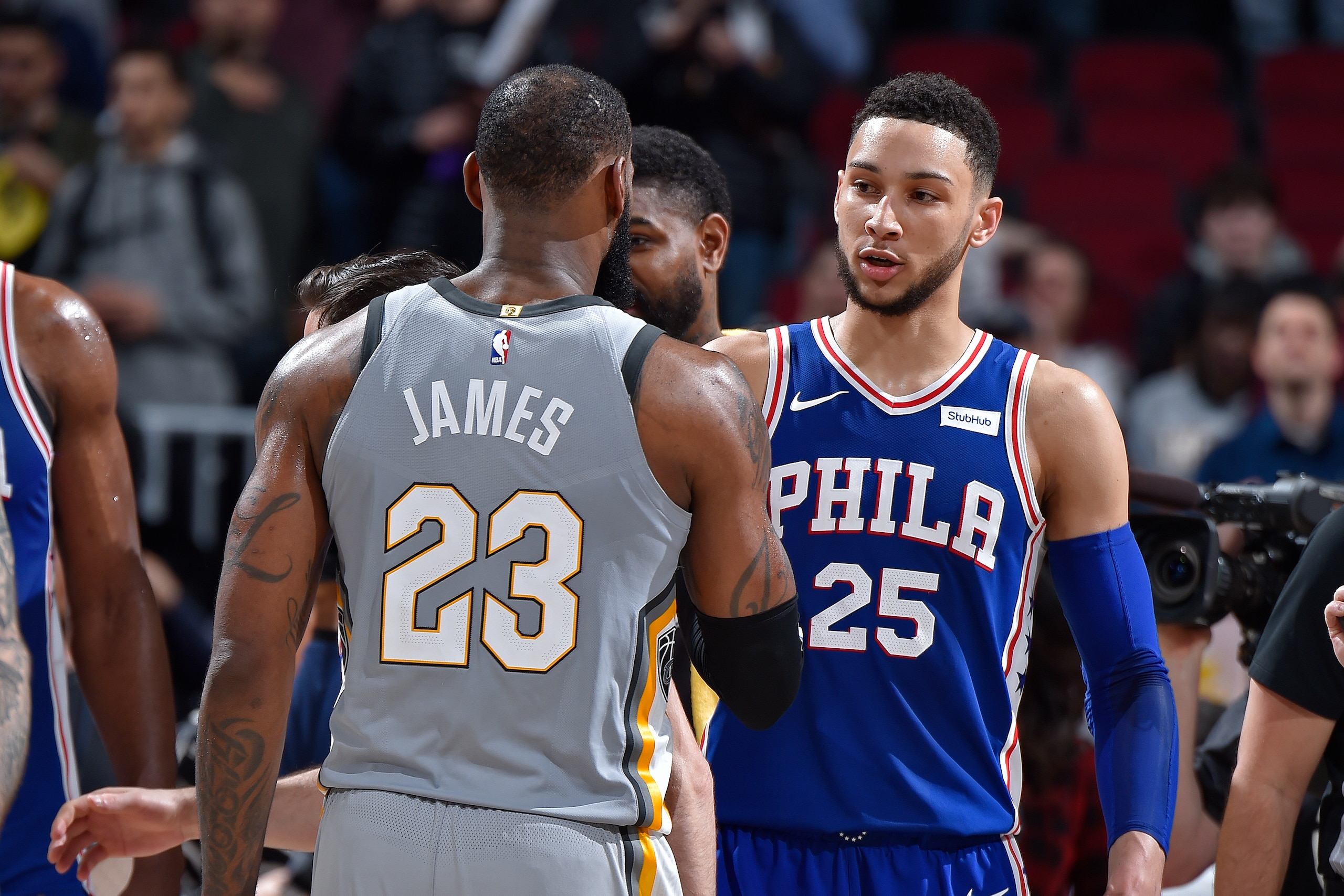 CLEVELAND, OH - MARCH 1: Ben Simmons #25 of the Philadelphia 76ers and LeBron James #23 of the Cleveland Cavaliers talk after the game on March 1, 2018 at Quicken Loans Arena in Cleveland, Ohio. NOTE TO USER: User expressly acknowledges and agrees that, b