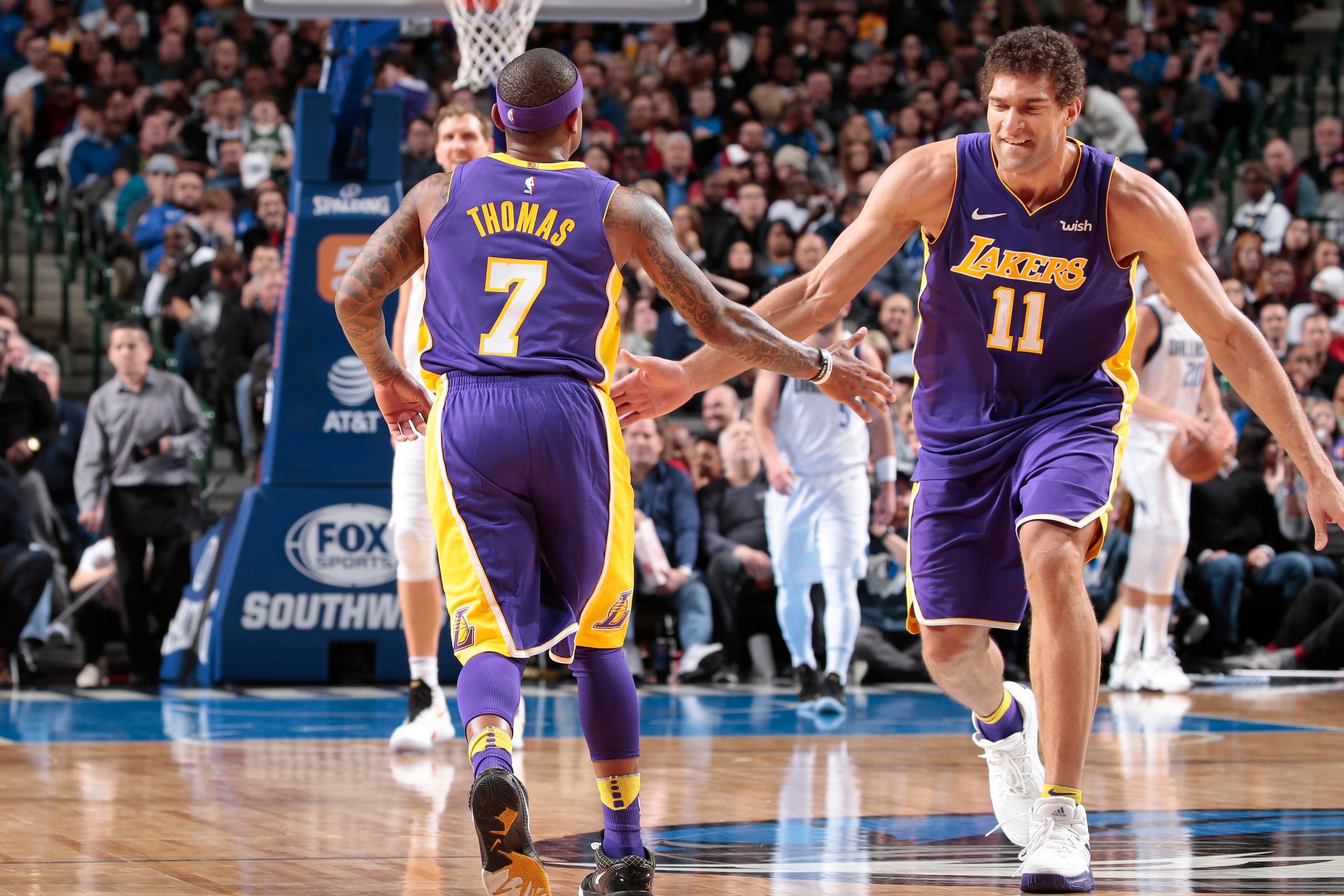 DALLAS, TX - FEBRUARY 10: Isaiah Thomas #7 and Brook Lopez #11 of the Los Angeles Lakers react during game against the Dallas Mavericks on February 10, 2018 at the American Airlines Center in Dallas, Texas. NOTE TO USER: User expressly acknowledges and ag DALLAS, TX - FEBRUARY 10: Isaiah Thomas #7 and Brook Lopez #11 of the Los Angeles Lakers react during game against the Dallas Mavericks on February 10, 2018 at the American Airlines Center in Dallas, Texas. NOTE TO USER: User expressly acknowledges and ag
