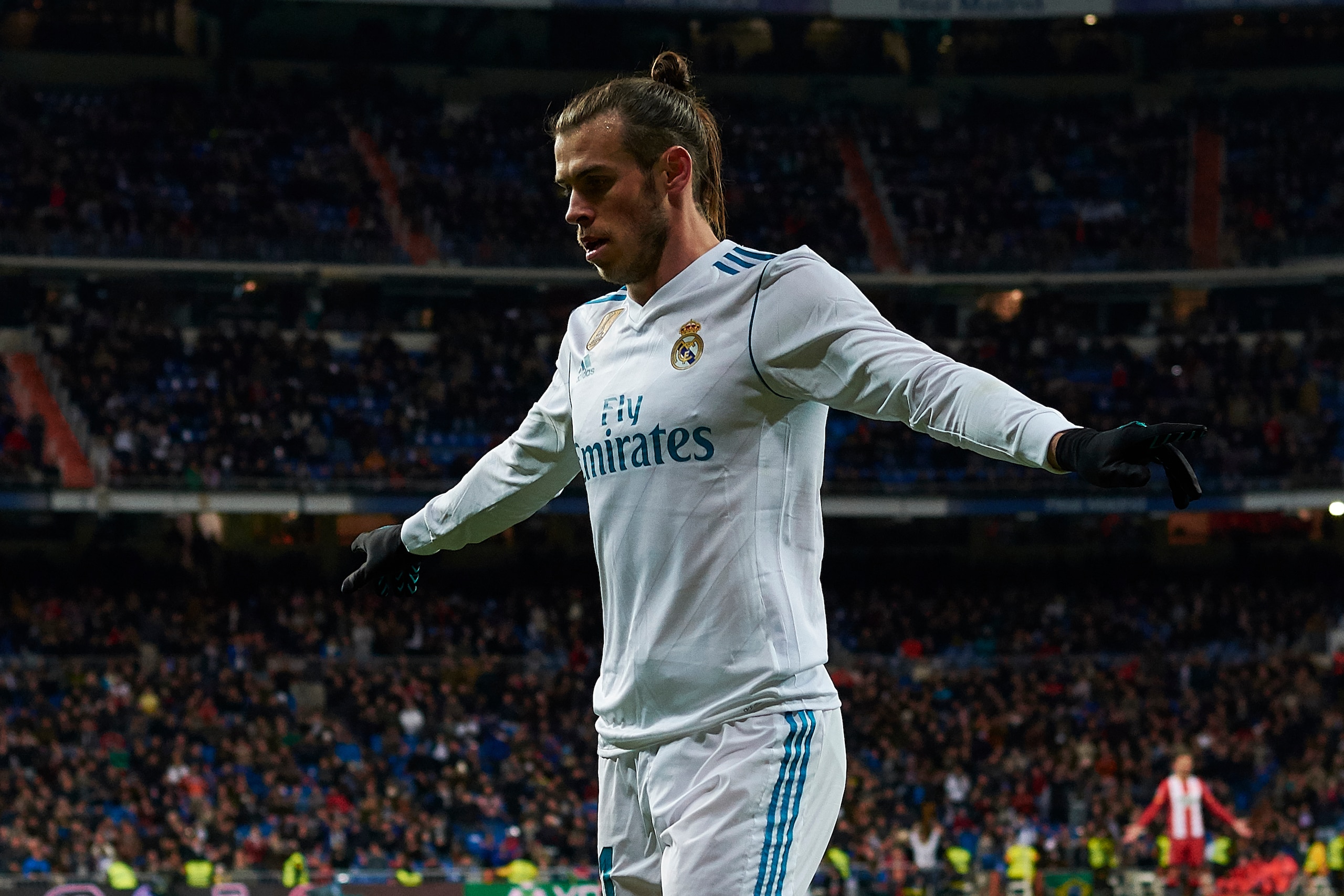 MADRID, SPAIN - MARCH 18:  Gareth Bale of Real Madrid celebrates scoring his team's fifth goal during the La Liga match between Real Madrid and Girona at Estadio Santiago Bernabeu on March 18, 2018 in Madrid, Spain. (Photo by Quality Sport Images/Getty Im