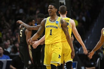 LOS ANGELES, CA - MARCH 24:  Charles Matthews #1 of the Michigan Wolverines reacts against the Florida State Seminoles during the first half in the 2018 NCAA Men's Basketball Tournament West Regional Final at Staples Center on March 24, 2018 in Los Angele