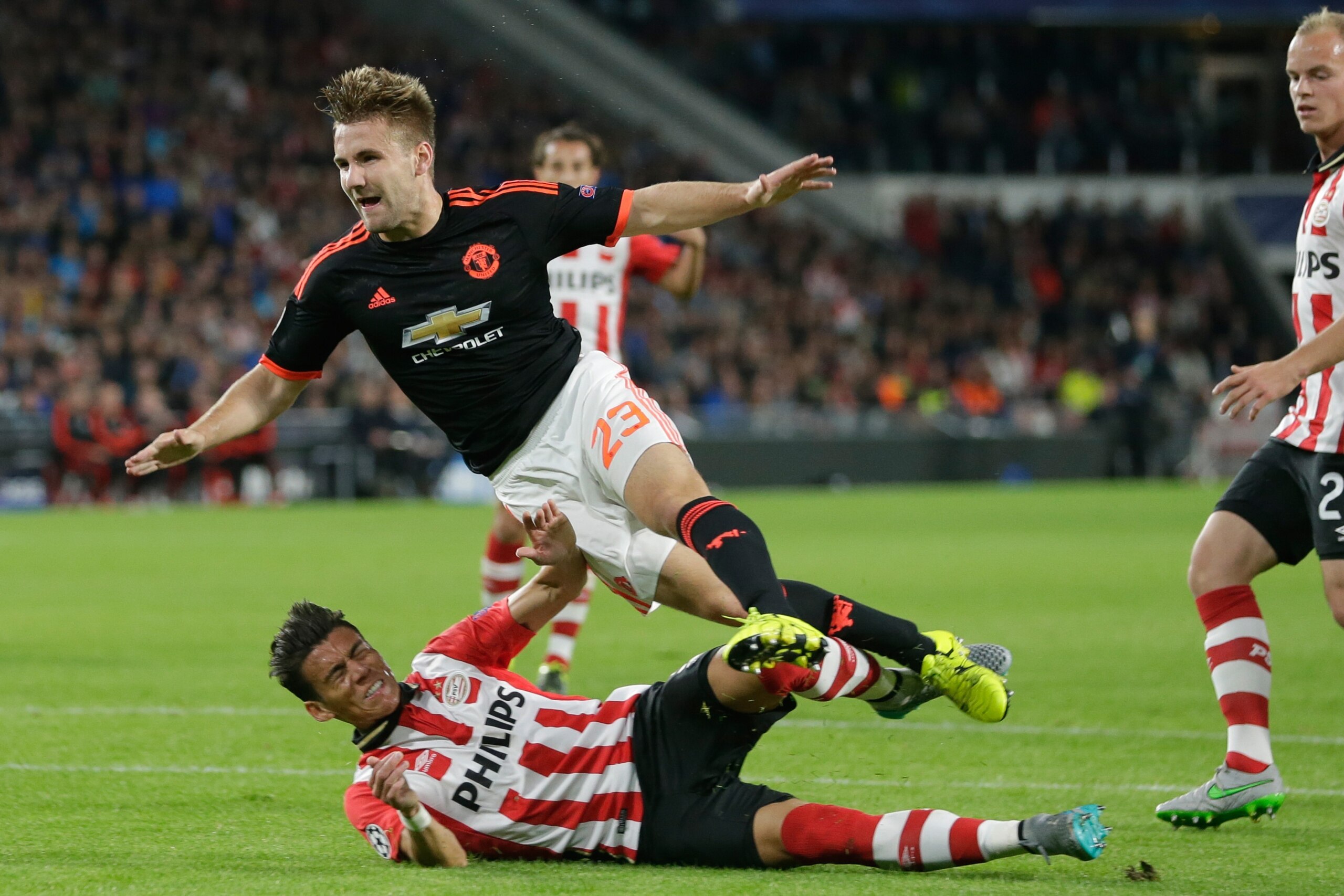 injury of Luke Shaw of Manchester United, Hector Moreno of PSV Eindhoven during the UEFA Champions League group B match between PSV Eindhoven and Manchester United on September 15, 2015 at the Philips stadium in Eindhoven, The Netherlands.(Photo by VI Ima
