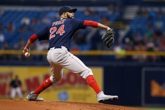 ST. PETERSBURG, FL - MARCH 30:  Pitcher David Price #24 of the Boston Red Sox pitches during the first inning of a game against the Tampa Bay Rays on March 30, 2018 at Tropicana Field in St. Petersburg, Florida. (Photo by Brian Blanco/Getty Images)
