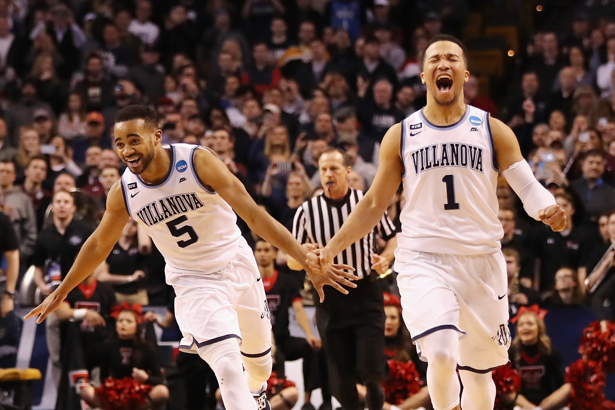BOSTON, MA - MARCH 25: Phil Booth #5 and Jalen Brunson #1 of the Villanova Wildcats celebrate defeating the Texas Tech Red Raiders 71-59 in the 2018 NCAA Men's Basketball Tournament East Regional to advance to the 2018 Final Four at TD Garden on March 25 BOSTON, MA - MARCH 25: Phil Booth #5 and Jalen Brunson #1 of the Villanova Wildcats celebrate defeating the Texas Tech Red Raiders 71-59 in the 2018 NCAA Men's Basketball Tournament East Regional to advance to the 2018 Final Four at TD Garden on March 25