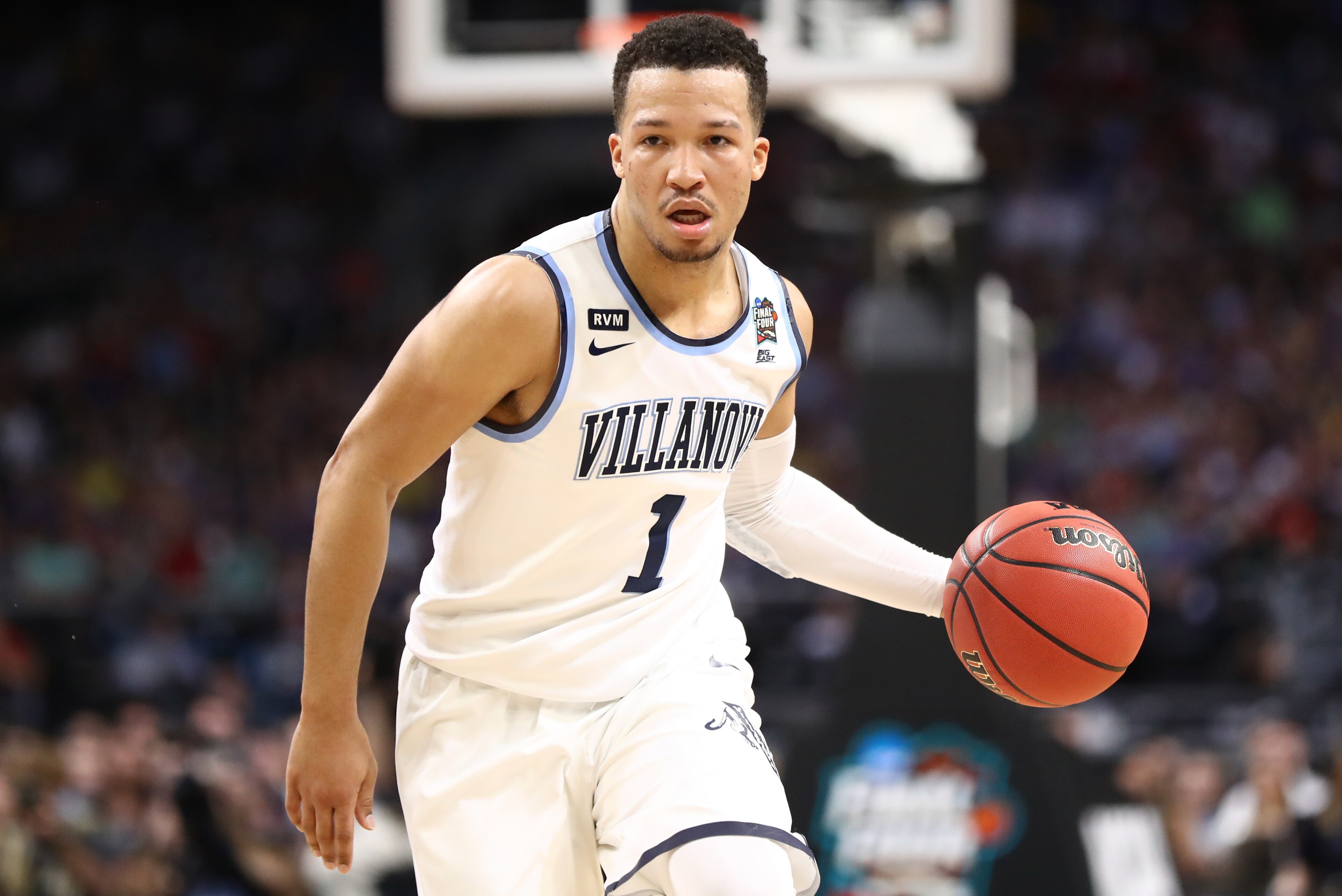 SAN ANTONIO, TX - MARCH 31: Jalen Brunson #1 of the Villanova Wildcats handles the ball on offense against the Kansas Jayhawks in the first half during the 2018 NCAA Men's Final Four Semifinal at the Alamodome on March 31, 2018 in San Antonio, Texas. (P SAN ANTONIO, TX - MARCH 31: Jalen Brunson #1 of the Villanova Wildcats handles the ball on offense against the Kansas Jayhawks in the first half during the 2018 NCAA Men's Final Four Semifinal at the Alamodome on March 31, 2018 in San Antonio, Texas. (P