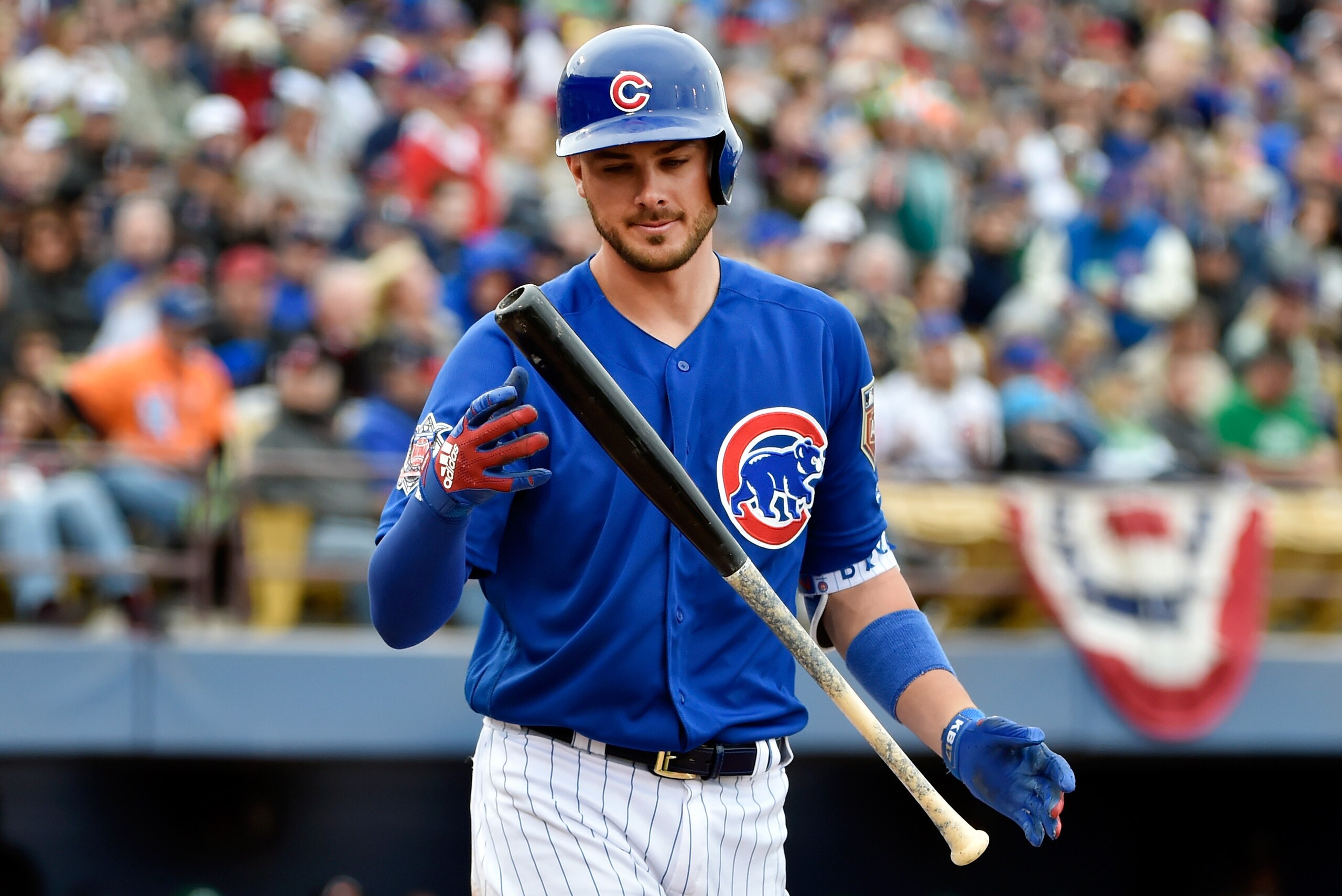LAS VEGAS, NV - MARCH 17:  Kris Bryant #17 of the Chicago Cubs reacts after striking out against the Cleveland Indians during an exhibition game at Cashman Field on March 17, 2018 in Las Vegas, Nevada.  (Photo by David J. Becker/Getty Images)