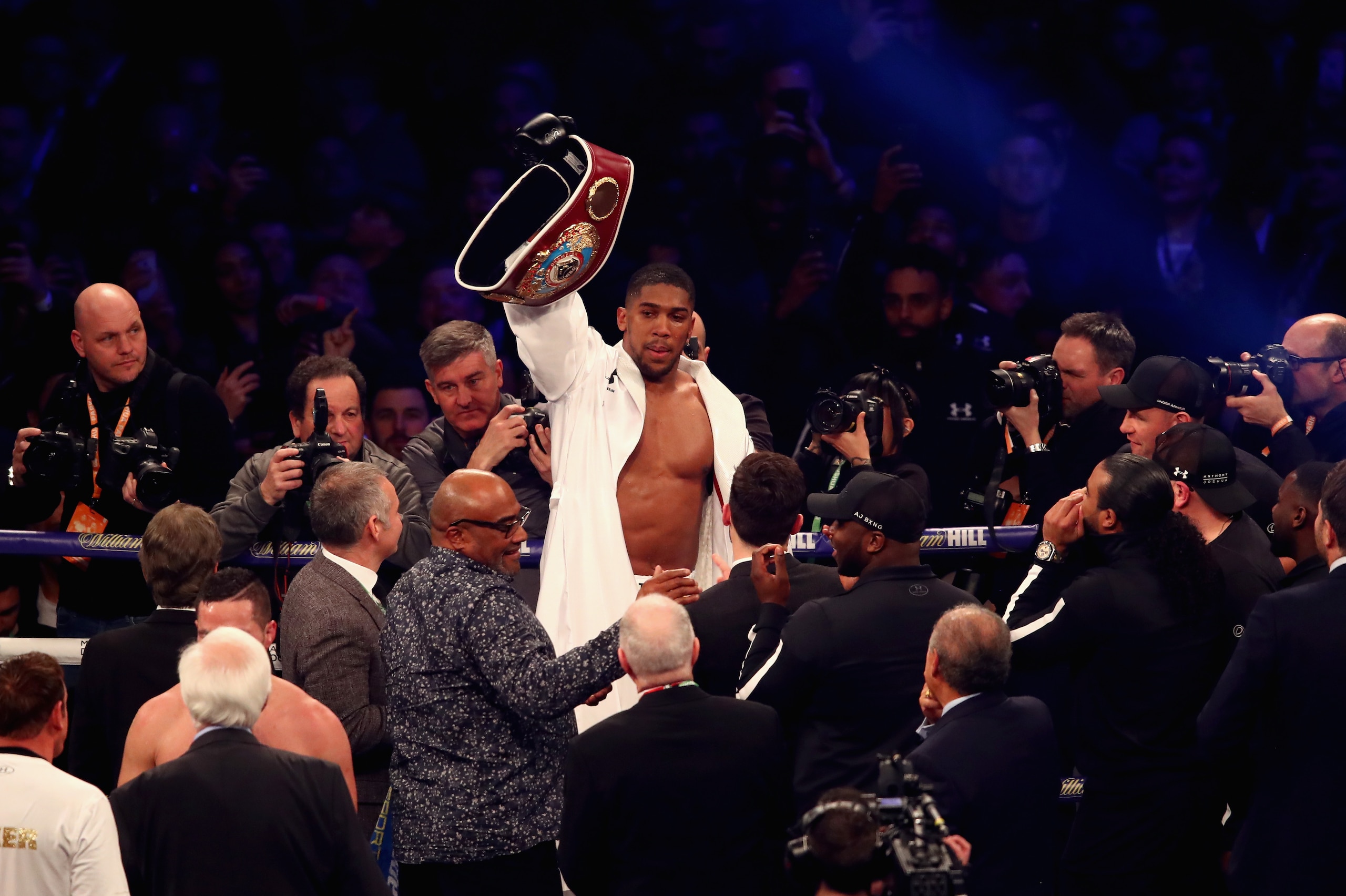 CARDIFF, WALES - MARCH 31:  Anthony Joshua celebrates victory after his WBA, IBF, WBO & IBO Heavyweight Championship title fight against Joseph Parker at Principality Stadium on March 31, 2018 in Cardiff, Wales.  (Photo by Julian Finney/Getty Images)