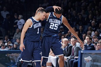 CINCINNATI, OH - FEBRUARY 17: Jalen Brunson #1 and Mikal Bridges #25 of the Villanova Wildcats celebrate in the closing seconds of a game against the Xavier Musketeers at Cintas Center on February 17, 2018 in Cincinnati, Ohio. Villanova won 95-79. (Photo 