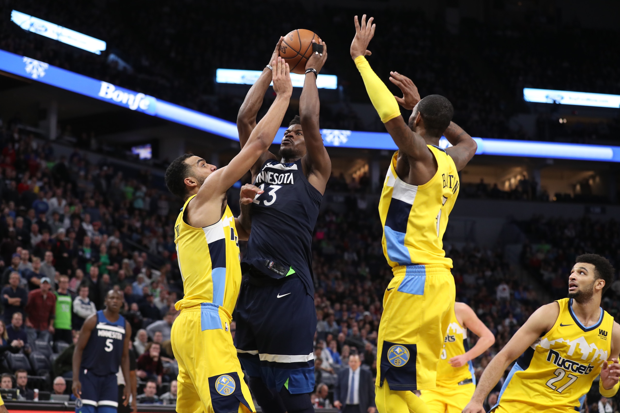 MINNEAPOLIS, MN -  DECEMBER 27:  Jimmy Butler #23 of the Minnesota Timberwolves shoots the ball against the Denver Nuggets on December 27, 2017 at Target Center in Minneapolis, Minnesota. NOTE TO USER: User expressly acknowledges and agrees that, by downl
