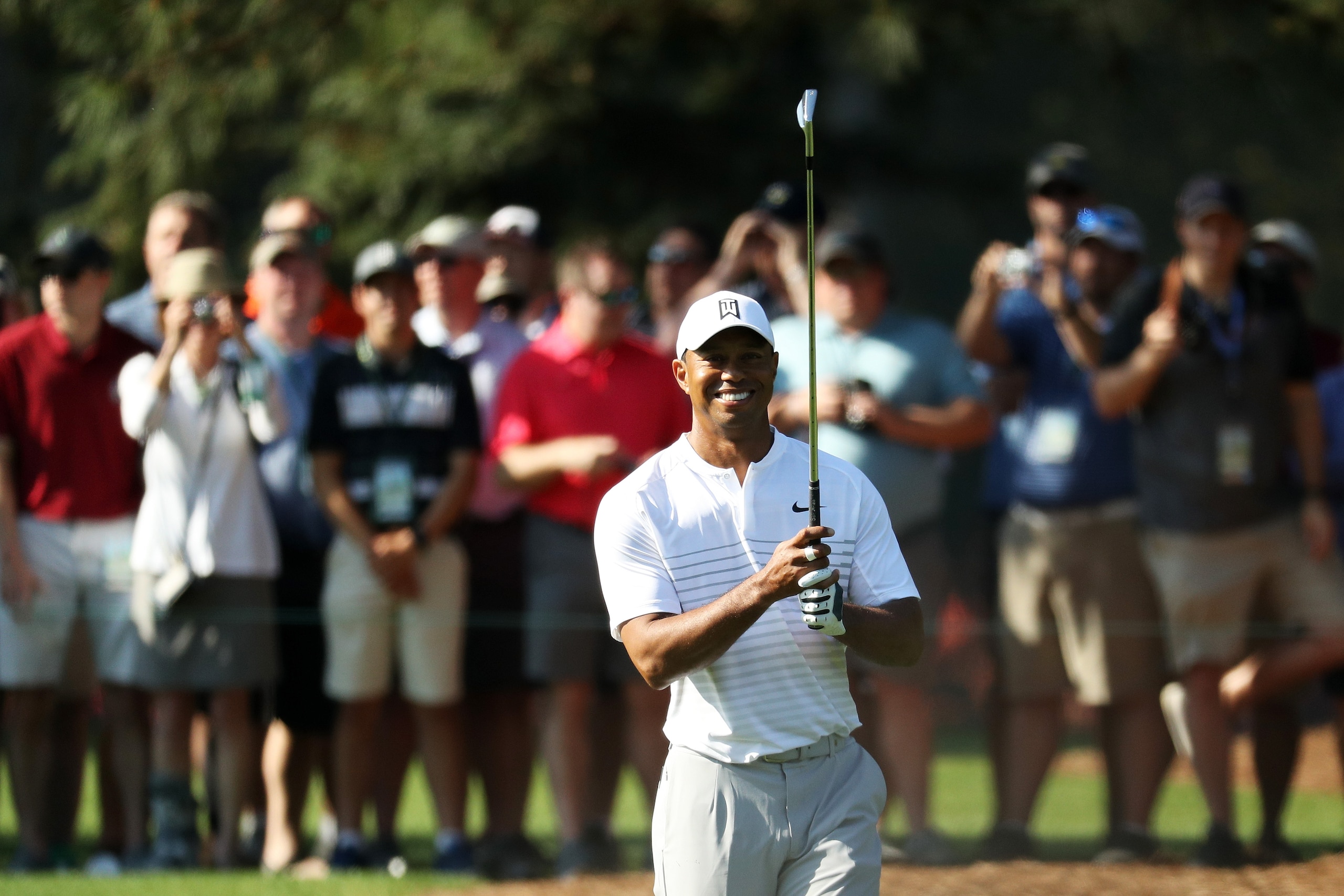 AUGUSTA, GA - APRIL 03:  Tiger Woods of the United States plays his shot  during a practice round prior to the start of the 2018 Masters Tournament at Augusta National Golf Club on April 3, 2018 in Augusta, Georgia.  (Photo by Patrick Smith/Getty Images)