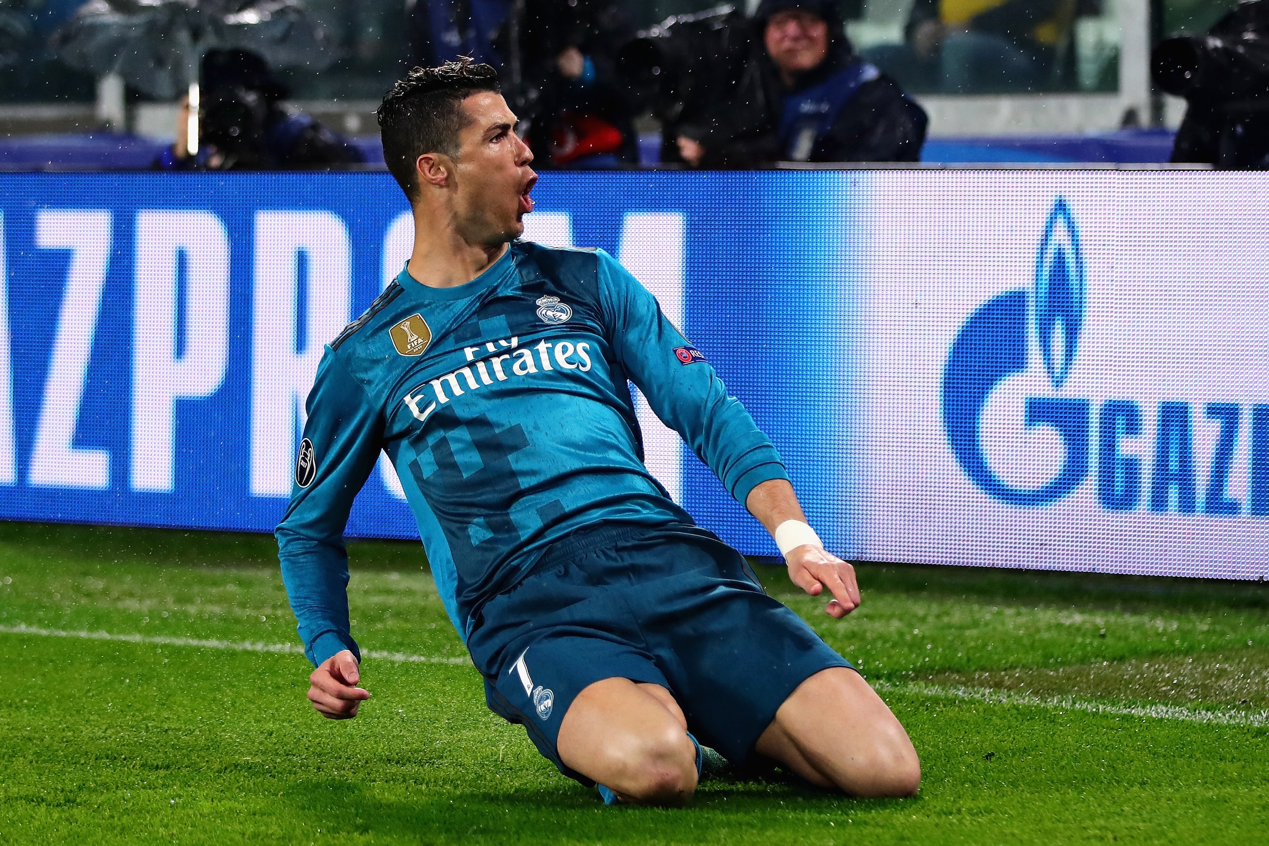 TURIN, ITALY - APRIL 03: Cristiano Ronaldo of Real Madrid celebrates after scoring the opening goal during the UEFA Champions League Quarter Final, first leg match between Juventus and Real Madrid at Juventus Stadium on April 3, 2018 in Turin, Italy. (P TURIN, ITALY - APRIL 03: Cristiano Ronaldo of Real Madrid celebrates after scoring the opening goal during the UEFA Champions League Quarter Final, first leg match between Juventus and Real Madrid at Juventus Stadium on April 3, 2018 in Turin, Italy. (P