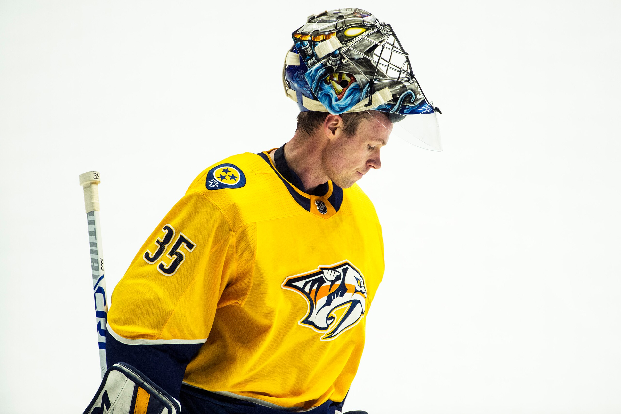 NASHVILLE, TN - FEBRUARY 19:  Goaltender Pekka Rinne #35 of the Nashville Predators looks on against the Ottawa Senators during an NHL game at Bridgestone Arena on February 19, 2018 in Nashville, Tennessee.  (Photo by Ronald C. Modra/NHL/Getty Images)