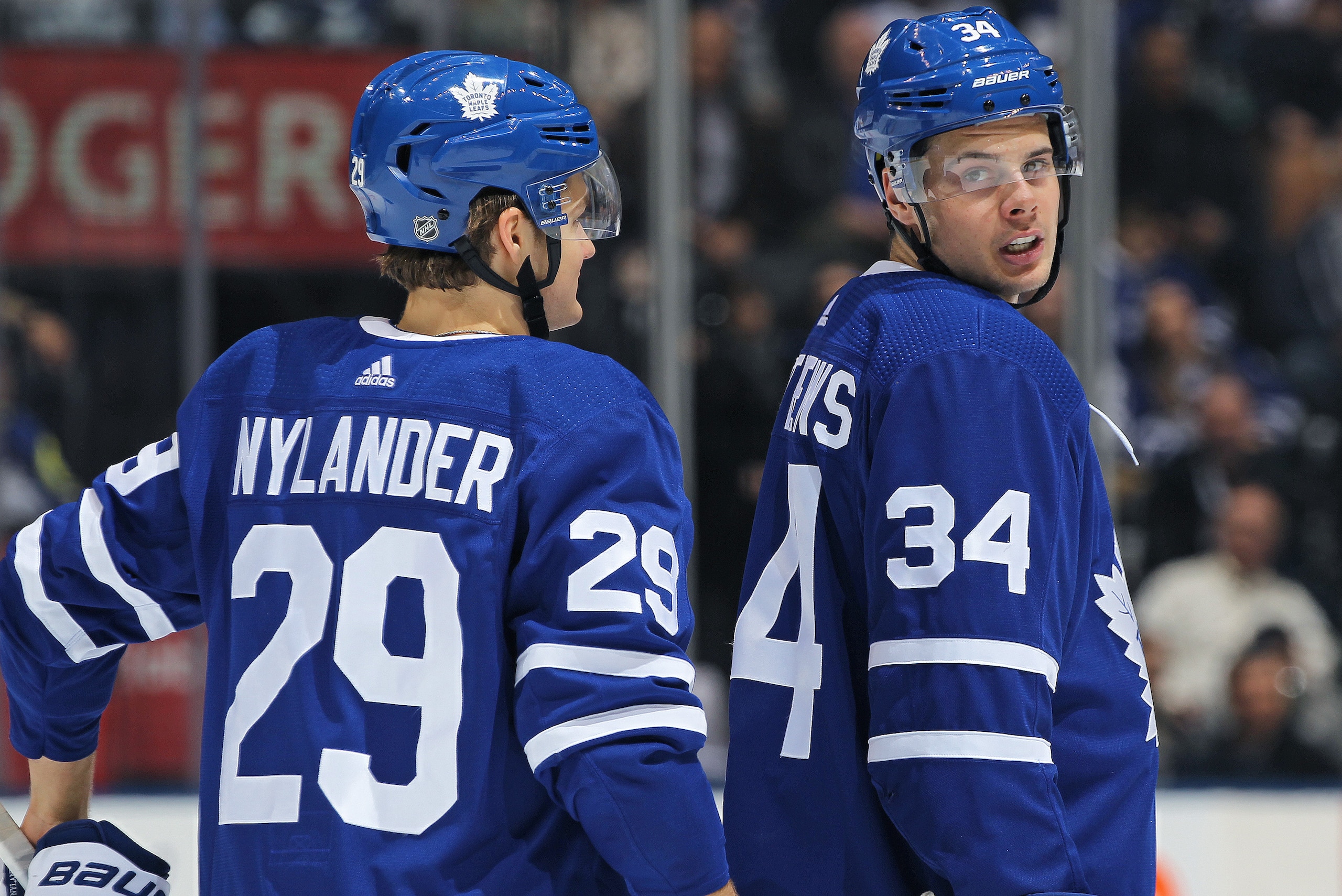 TORONTO, ON - APRIL 2:  William Nylander #29 and Auston Matthews #34 of the Toronto Maple Leafs chat during a timeout against the Buffalo Sabres during an NHL game at the Air Canada Centre on April 2, 2018 in Toronto, Ontario, Canada. The Maple Leafs defe