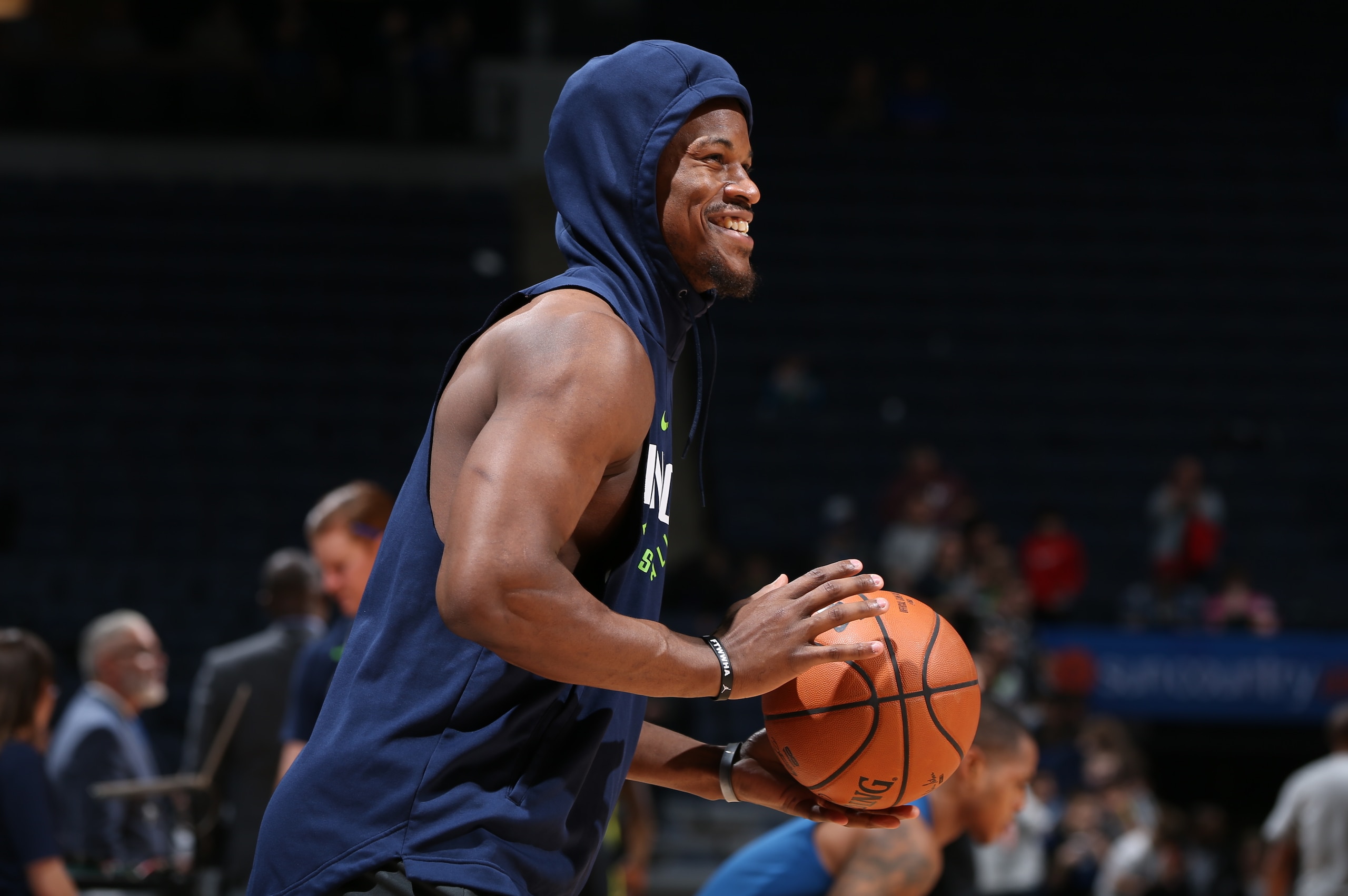 MINNEAPOLIS, MN -  MARCH 28:  Jimmy Butler #23 of the Minnesota Timberwolves warms up before the game against the Atlanta Hawks on March 28, 2018 at Target Center in Minneapolis, Minnesota. NOTE TO USER: User expressly acknowledges and agrees that, by dow