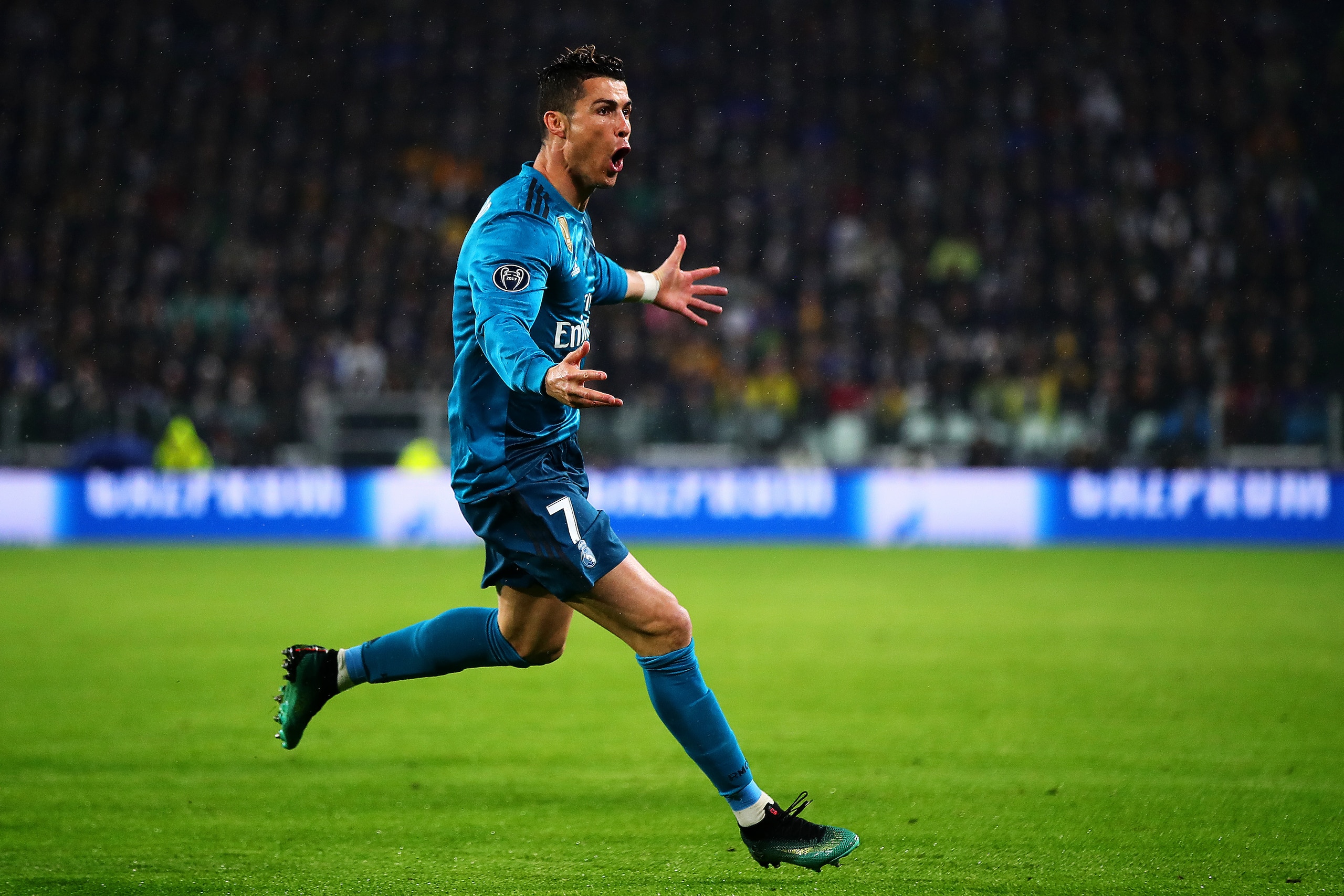 TURIN, ITALY - APRIL 03: Cristiano Ronaldo of Real Madrid celebrates after scoring the opening goal during the UEFA Champions League Quarter Final, first leg match between Juventus and Real Madrid at Juventus Stadium on April 3, 2018 in Turin, Italy.  (Ph