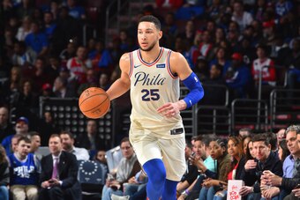 PHILADELPHIA, PA -  APRIL 3: Ben Simmons #25 of the Philadelphia 76ers dribbles up court against the Brooklyn Nets at Wells Fargo Center on April 3, 2018 in Philadelphia, Pennsylvania NOTE TO USER: User expressly acknowledges and agrees that, by downloadi